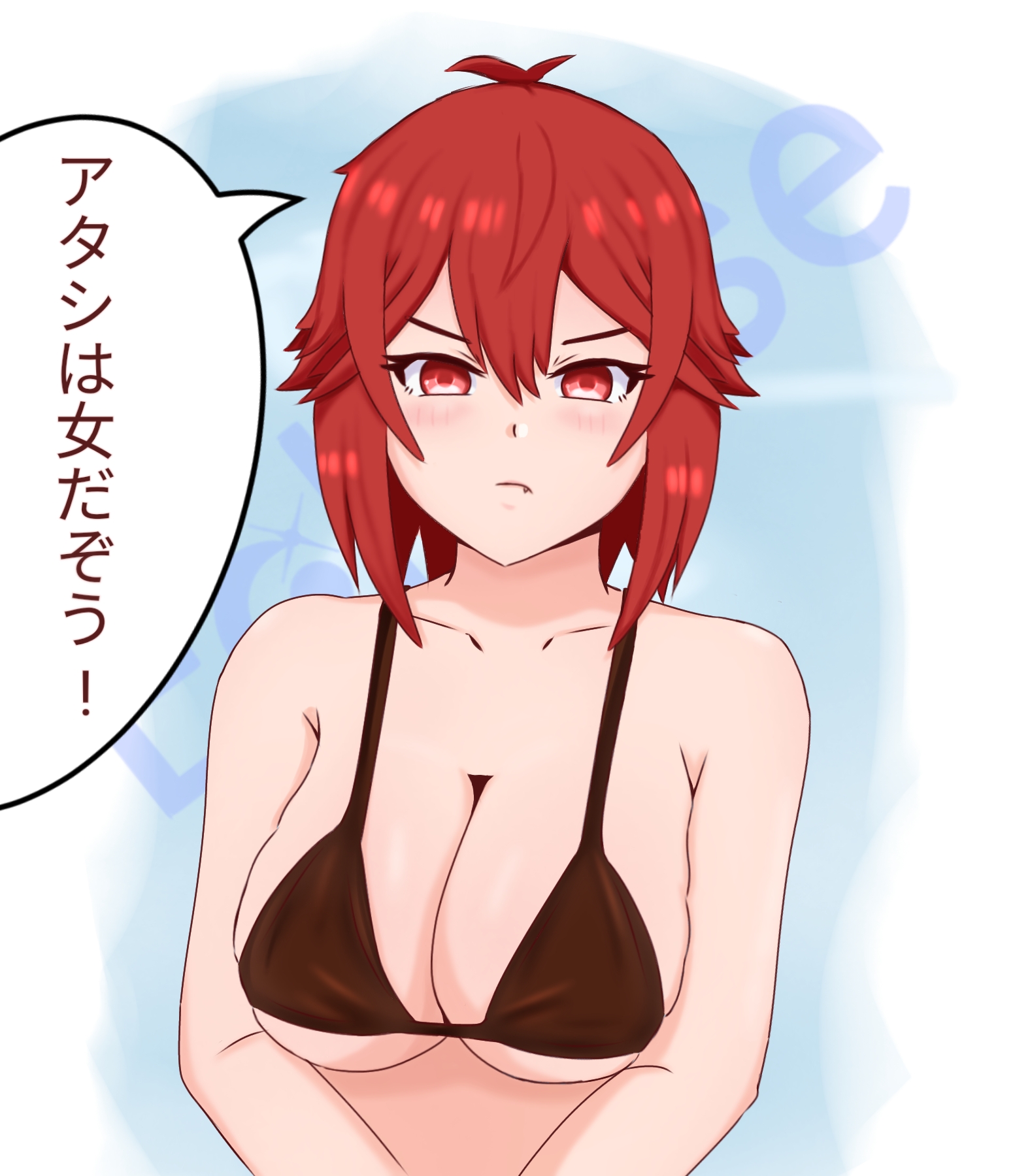 1girls, aizawa tomo, bikini, bikini only, bikini top, blue background, blush, blush face, blushing at viewer, blushing female, breasts, busty, busty female, busty teenager, cleavage, collarbone, dialogue, dialogue bubble, eclypse, female, female focus, female only, groin, hair between eyes, high resolution, high school student, highres, japanese text, large breasts, lean figure, lips, looking at viewer, midriff, narrow waist, parted bangs, red eyes, red hair, red-eyed female, red-haired female, schoolgirl, short hair, shoulders, simple background, slender body, slender waist, slim waist, solo, standing, string bikini, swimsuit, swimwear, teenage female, teenager, text, text bubble, tomo-chan wa onna no ko, translated, upper body, white background, young female, young woman