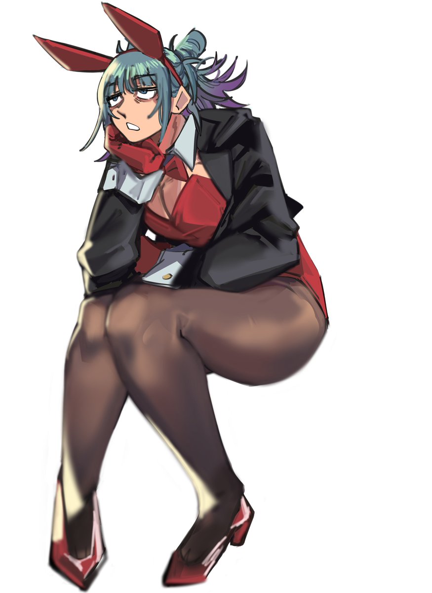 1boy annoyed_expression bunny_ears bunnysuit femboy jujutsu_kaisen kashimo_hajime male sitting thick_ass thick_thighs