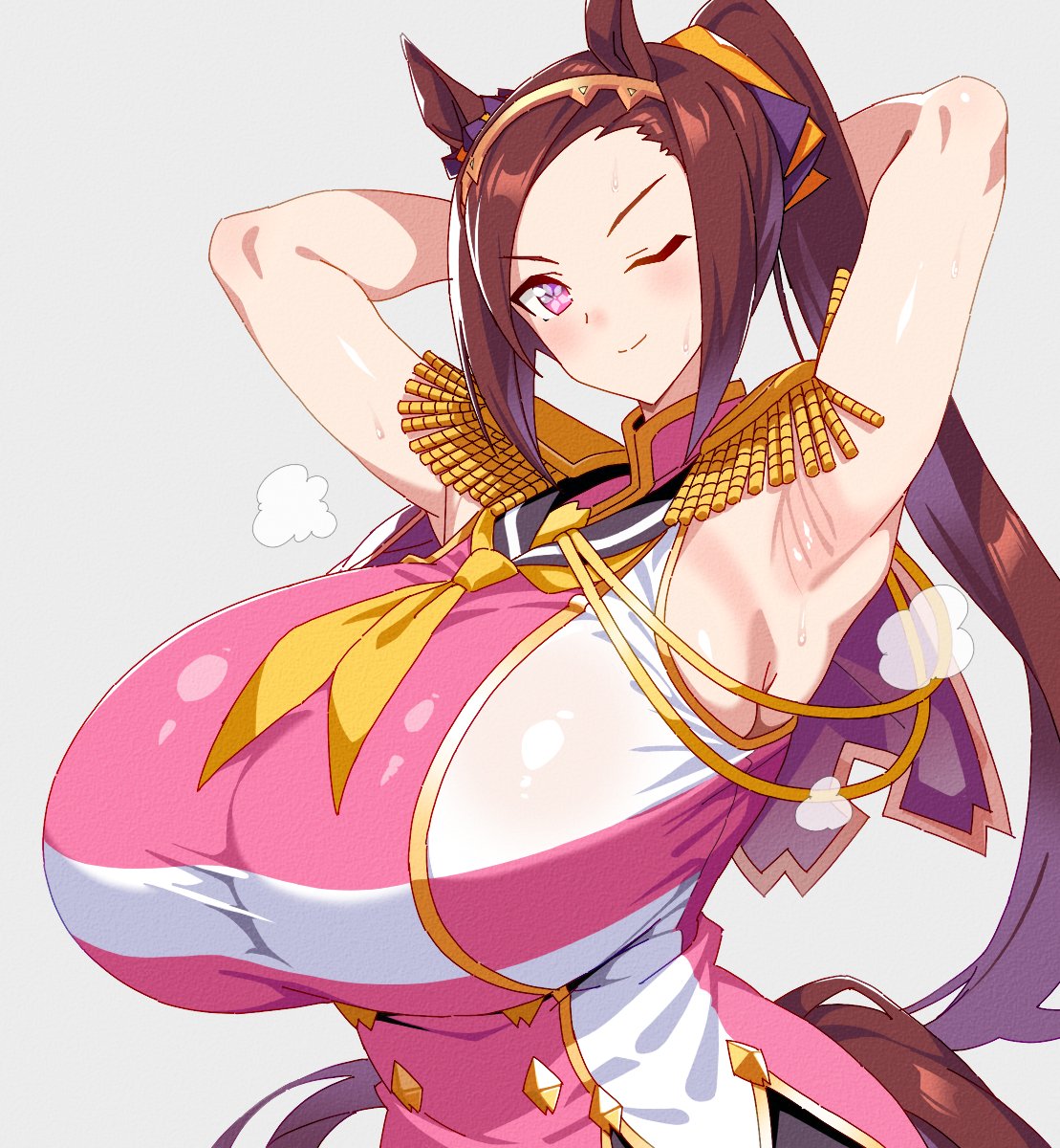1girls, armpit fetish, armpits, arms up, bakushin o armpit gif (meme), breasts, brown hair, busty, female, female only, horse ears, horse girl, huge breasts, looking at viewer, one eye closed, ponytail, ringosu33, sakura bakushin o (umamusume), sweat, symbol-shaped pupils, tied hair, umamusume, umamusume pretty derby