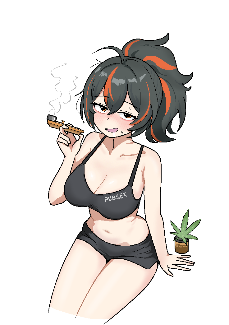 black_bra black_hair black_shorts blush bra breasts cleavage cocktiel77 commentary_request drugs female holding holding_smoking_pipe korean_commentary large_breasts looking_at_viewer marijuana multicolored_hair new_eridu_public_security ponytail red_hair saliva shorts simple_background sitting smoking_pipe solo two-tone_hair underwear white_background zenless_zone_zero zhu_yuan