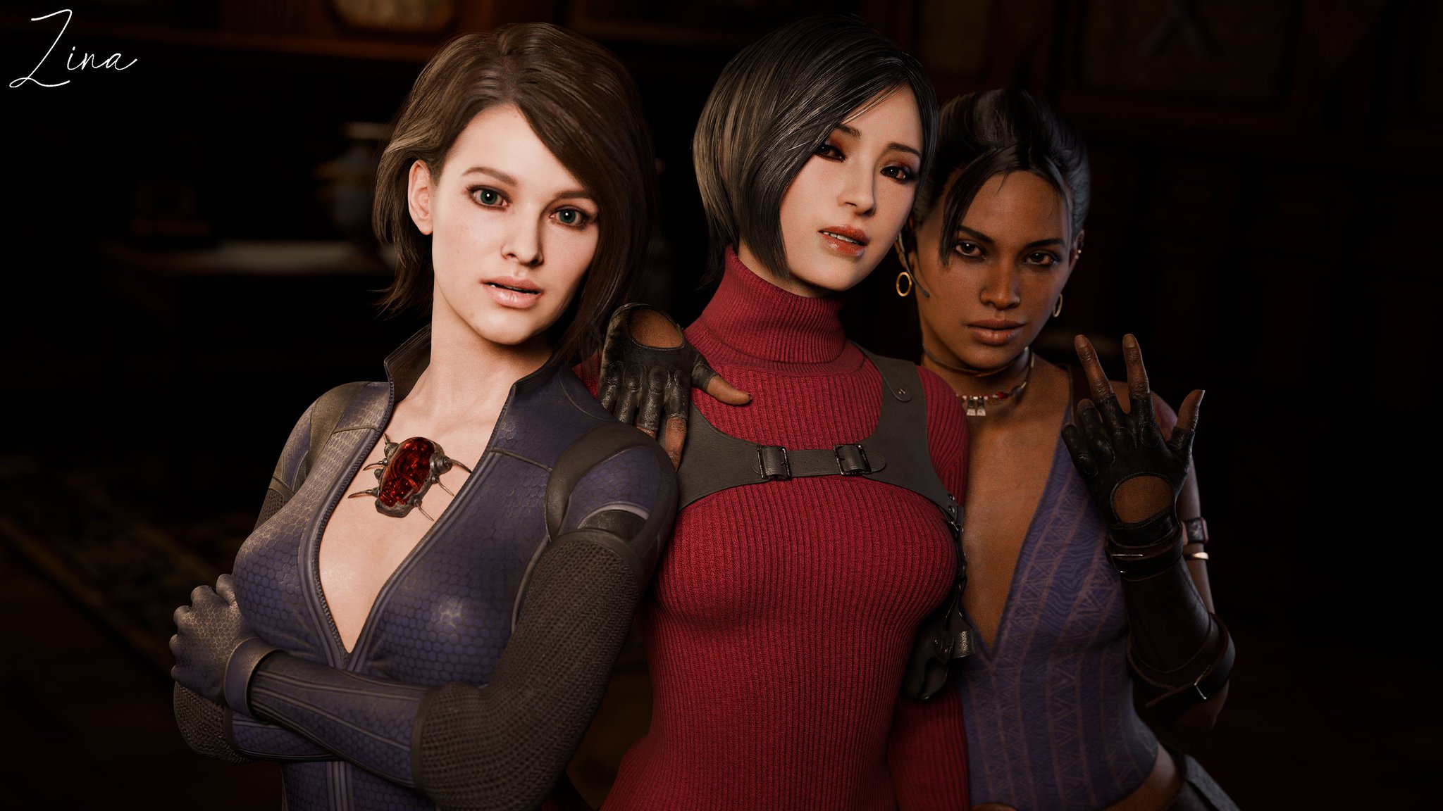 3d, 3girls, ada wong, ass, big ass, big breasts, black gloves, breasts, brown body, brown skin, brown-skinned female, capcom, curvaceous, curvy, curvy figure, dark skin, dark-skinned female, female, fingerless gloves, gloves, hips, hourglass figure, jill valentine, jill valentine bodysuit, leather gloves, light skin, light-skinned female, mature, mature female, multiple females, multiple girls, resident evil, resident evil 2, resident evil 3, resident evil 4, resident evil 5, sheva alomar, slim waist, thick, thick hips, thick legs, thick thighs, thighs, voluptuous, waist, wide hips, zina (artist)