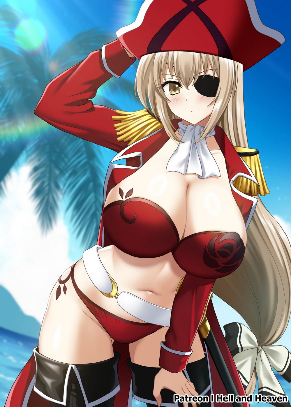 amagi_brilliant_park ascot bikini boots bow breasts brown_hair cleavage cloud coat collarbone epaulettes eyepatch female hairbow hat hellandheaven highres large_breasts long_hair long_sleeves navel ocean open_clothes open_coat palm_tree patreon_username pirate pirate_hat red_bikini red_coat red_hat sento_isuzu sky solo stomach swimsuit thigh_boots tree very_long_hair white_ascot white_bow yellow_eyes