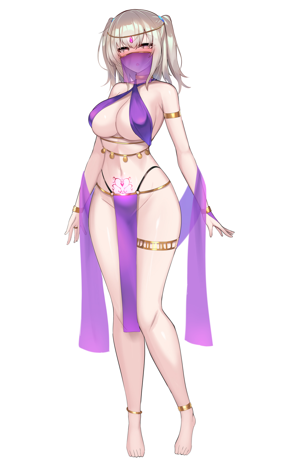 1girls, amahara kuon, anklet, arabian clothes, armlet, armpits, bare legs, bare shoulders, barefoot, blonde hair, blush, bracelet, breasts, bridal gauntlets, circlet, cleavage, closed mouth, covered nipples, dancer, empty eyes, female, female only, full body, groin, hair ornament, half-closed eyes, halterneck, harem outfit, heart, heart tattoo, highleg, highleg panties, highres, jewelry, kutan, large breasts, legs, long hair, looking at viewer, mouth veil, navel, no panties, original, panties, pelvic curtain, pubic tattoo, revealing clothes, see-through clothes, shoulders, sideboob, simple background, skindentation, smile, solo, standing, tachi-e, tattoo, thighlet, thighs, transparent background, twintails, two side up, underwear, variant set, veil, white background, yellow eyes