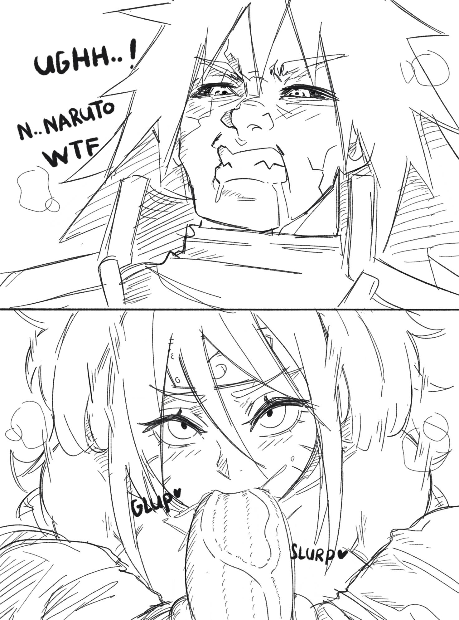 1boy, 1girls, 2koma, age difference, bedroom eyes, blowjob, english text, erection, fellatio, female, forehead protector, genderswap (mtf), glup, large penis, looking at viewer, mai munah, male, male pov, monochrome, naruko, naruto, naruto (series), oral, penis, pov, rule 63, sketch, straight, uchiha madara, uzumaki naruto, veiny penis, whisker markings