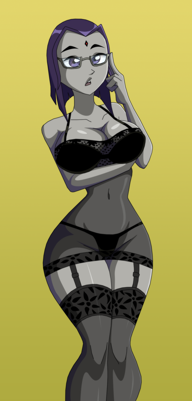 1girls, big breasts, breasts, clothed, dc, dc comics, female, female only, glasses, grey skin, large breasts, lingerie, nightgown, purple eyes, purple hair, rachel roth, raven (dc), ravenravenraven, solo, teen titans, thick thighs, wide hips