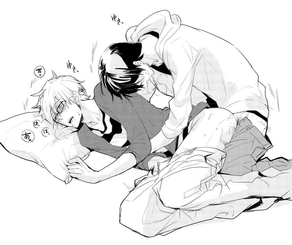 anal blush free! gay gay_anal gay_sex glasses male_only monochrome multiple_boys nanase_haruka_(free!) noriko_(komiyama) penetration pillow sex tachibana_makoto thrusting wince yaoi