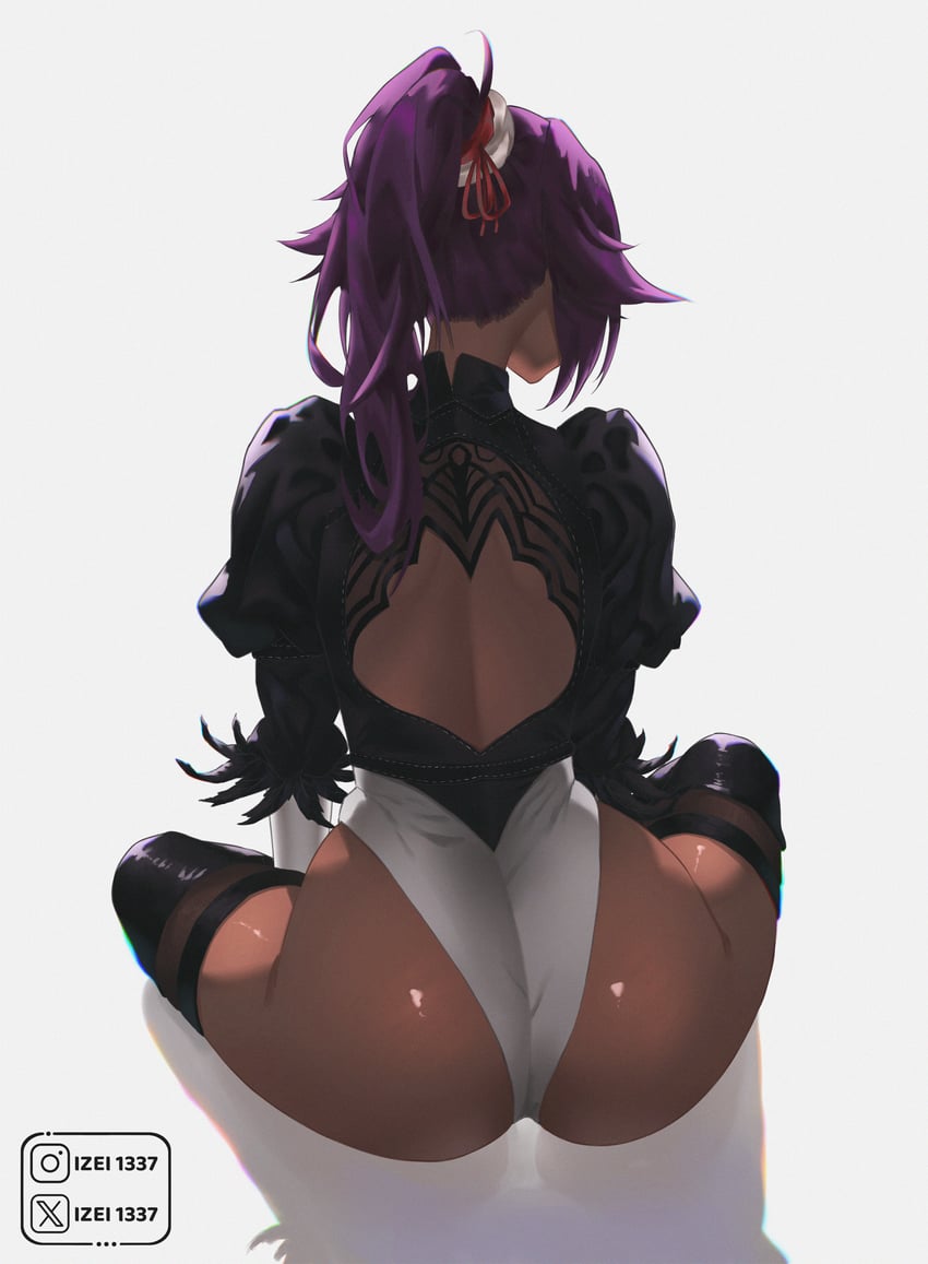 1girls, absurdres, ass, back cutout, big ass, black thighhighs, bleach, clothing cutout, commentary, cosplay, dark skin, dark-skinned female, english commentary, facing away, female, female only, from behind, highleg, highleg leotard, highres, instagram username, izei1337, juliet sleeves, large ass, leotard, long hair, long sleeves, median furrow, nier, nier (series), nier: automata, ponytail, puffy sleeves, purple hair, shadow, shihouin yoruichi, simple background, sitting, solo, thighhighs, thighs, toned, toned female, twitter username, white background, white leotard, yellow eyes, yorha 2b (cosplay)