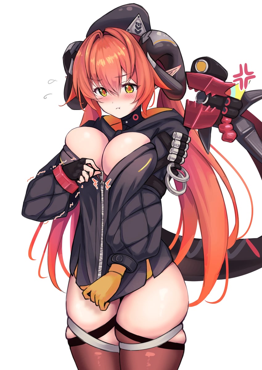 blush, breasts, calamy, female, huge breasts, jacket, orphie magnusson, stockings, tight clothing, twintails, wide hips, zenless zone zero