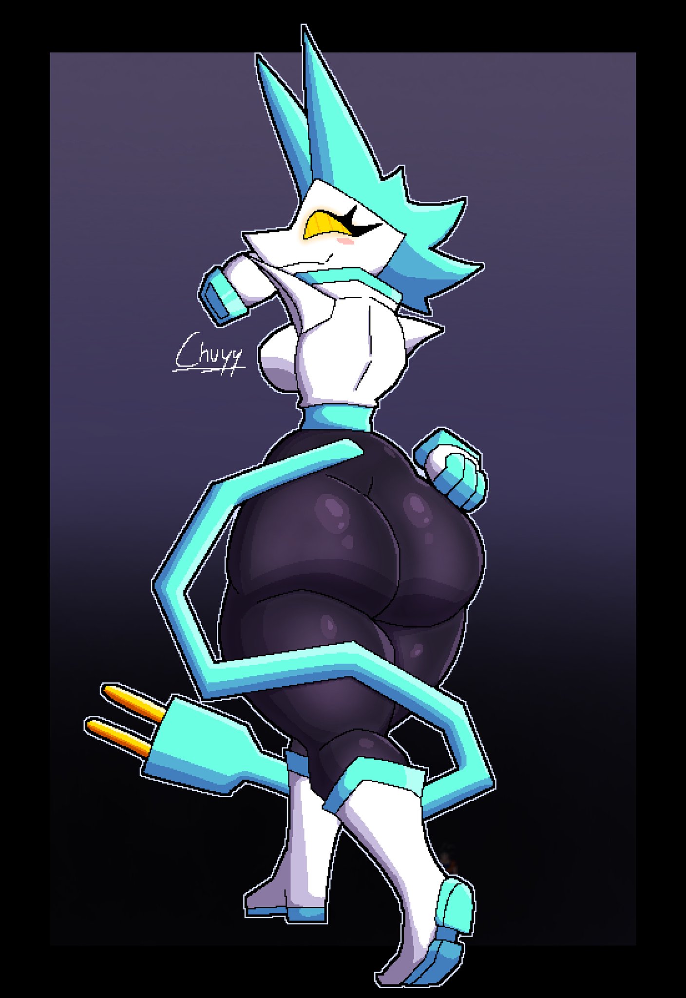 back view, big breasts, biped, blush, breasts, chuyy, clothed, clothing, deltarune, eyelashes, female, front view, holding object, holding whip, huge breasts, looking at viewer, machine, open mouth, robot, smile, solo, tasque manager (deltarune), thick thighs, undertale (series)