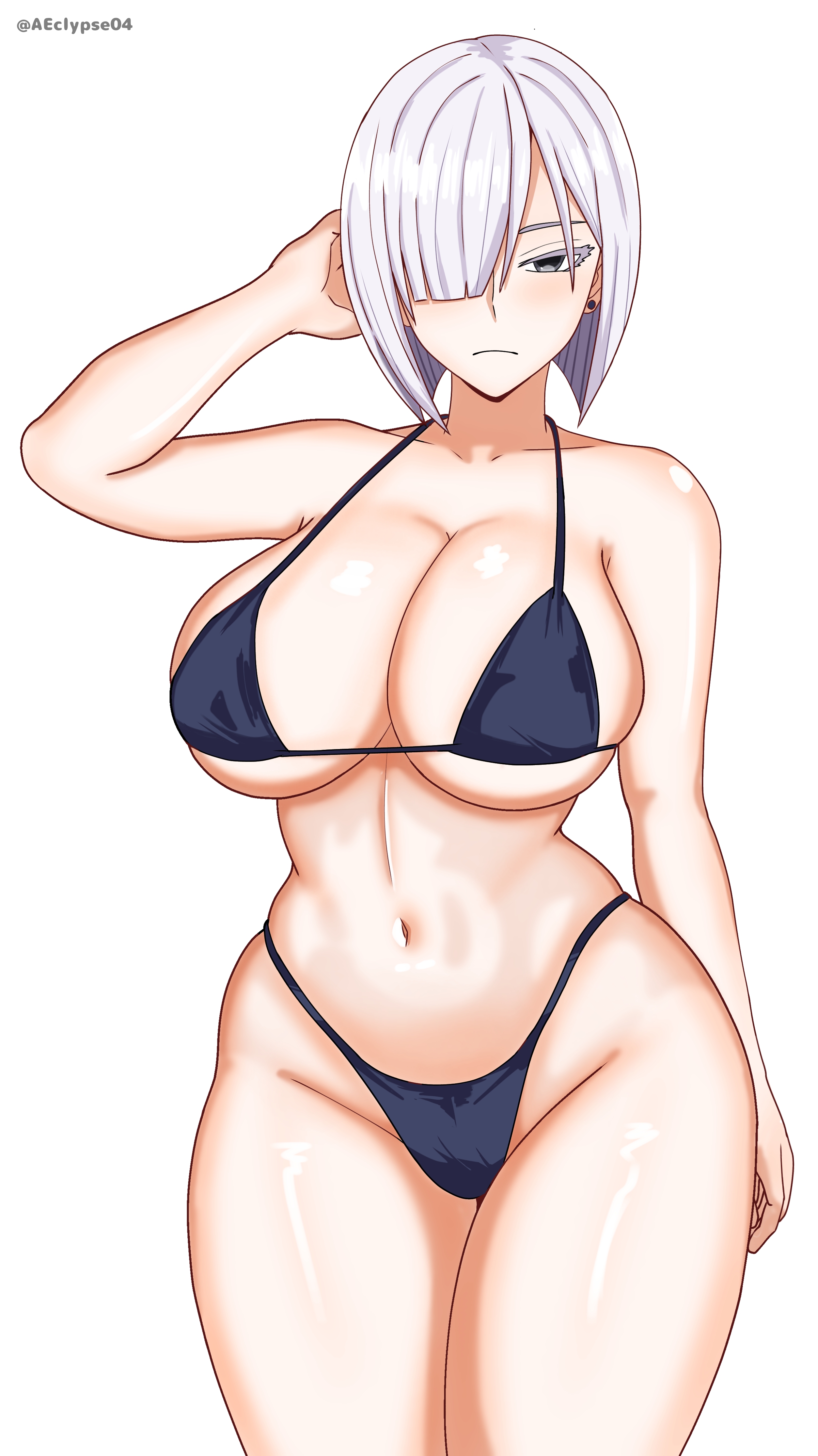 1girls, adult, adult female, arm behind head, bare armpits, bare arms, bare belly, bare chest, bare hands, bare hips, bare legs, bare midriff, bare navel, bare shoulders, bare skin, bare thighs, belly, belly button, big breasts, bikini, bikini bottom, bikini only, bikini top, blunt bangs, bow, breasts, busty, busty female, child bearing hips, cleavage, collarbone, curvaceous, curvaceous body, curvaceous female, curvaceous figure, curvaceous hips, curvaceous thighs, curvy, curvy body, curvy female, curvy figure, curvy hips, curvy thighs, eclypse, exposed armpits, exposed arms, exposed belly, exposed chest, exposed hips, exposed legs, exposed midriff, exposed navel, exposed shoulders, exposed skin, exposed thighs, female, female focus, female only, fingers, fiona frost, groin, hair between eyes, halterneck, high resolution, highres, hourglass figure, large breasts, lean figure, looking at viewer, mature, mature female, medium hair, midriff, narrow waist, navel, nightfall (spy x family), parted bangs, plump breasts, seductive, seductive look, sensual, sexy, sexy pose, short hair, shoulders, simple background, slender body, slender waist, slim waist, solo, spy x family, standing, string bikini, swimsuit, swimwear, thick thighs, thighs, thong bikini, upper body, voluptuous, white background, white eyebrows, white hair, white-haired female, wide hips