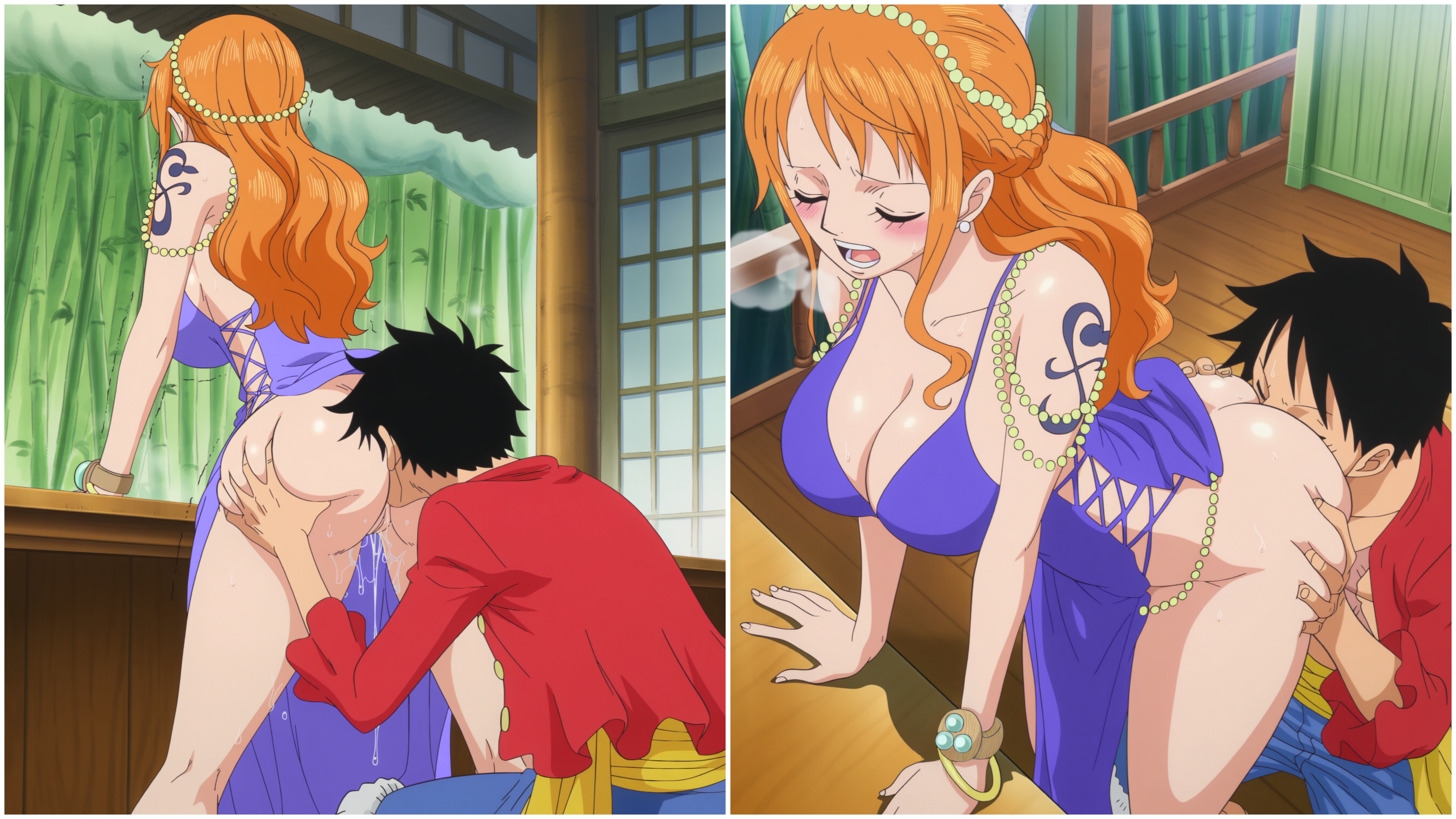 1boy, 1girls, accurate art style, ai generated, anilingus, arm tattoo, ass, big ass, black hair, black-haired male, blue tattoo, dress, eating ass, face in ass, fat ass, female, jarentr, legs, luffy, male, monkey d luffy, nami (one piece), one piece, oral, orange hair, orange-haired female, pussy, pussy juice, tatto, tattoo, thick thighs