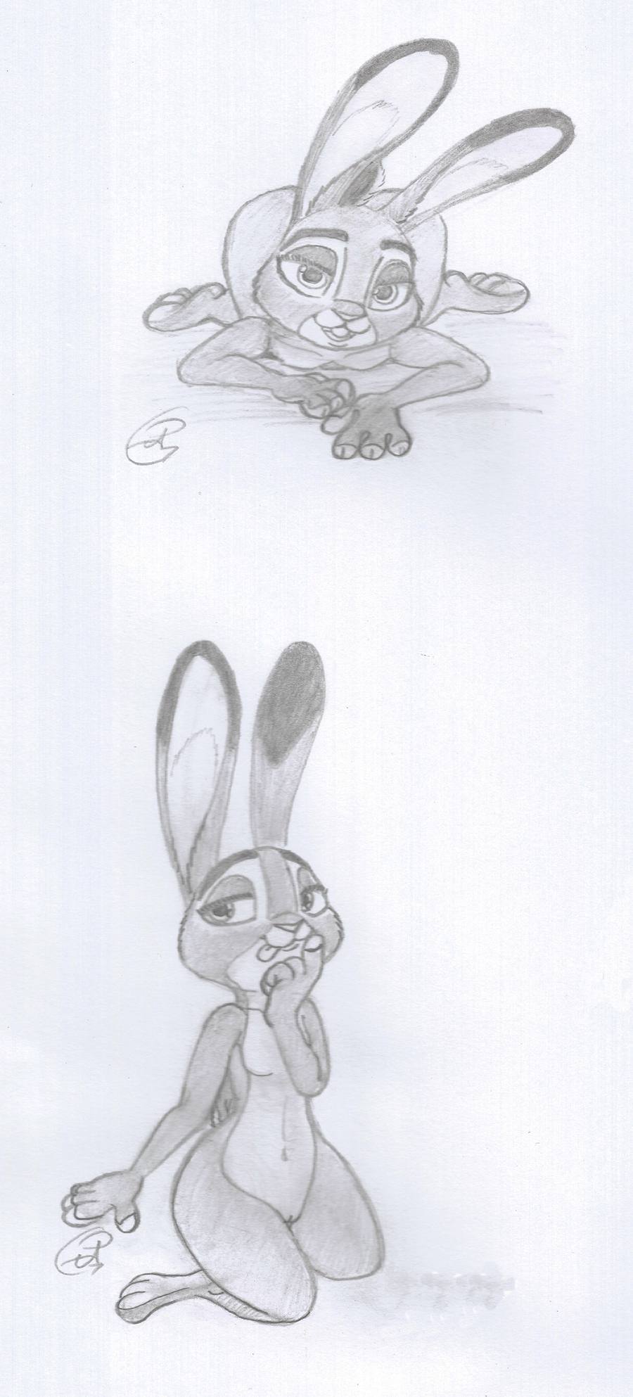 anthro black_and_white disney drawning female flat_chest judy_hopps lagomorph looking_at_viewer mammal monochrome nude open_mouth pussy rabbit simple_background traditional_media_(artwork) white_background zootopia