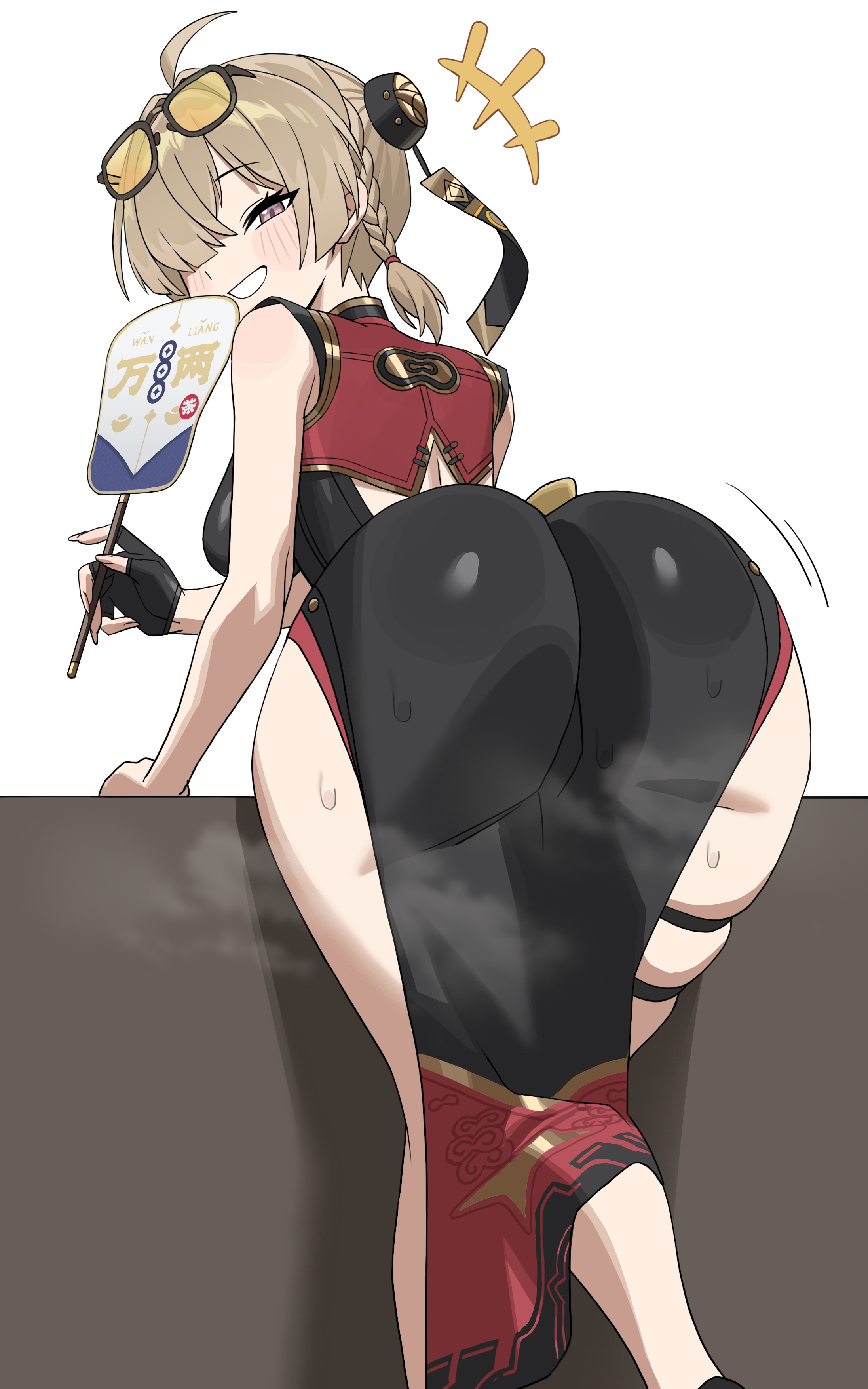 absurdres, ahoge, ass, bent over, black dress, black gloves, brown hair, china dress, chinese clothes, dress, eyewear on head, feet out of frame, female, fingerless gloves, gloves, grin, hand fan, highres, holding, holding fan, looking at viewer, looking back, pelvic curtain, q haoyu, single fingerless glove, smile, solo, sweety (zenless zone zero), thigh strap, zenless zone zero