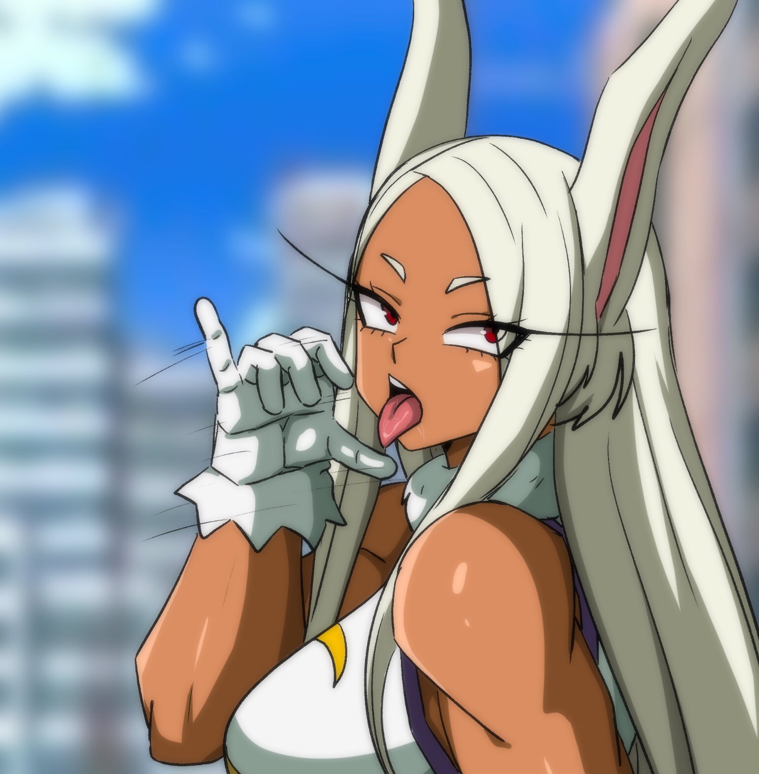 1girls, blowjob gesture, boku no hero academia, brown skin, bunny ears, clothed female, clothes, darwaarts, female, gesture, hero outfit (mha), long eyelashes, long hair, mirko, miruko, my hero academia, open mouth, outfit, red eyes, rumi usagiyama, tongue, usagiyama rumi, white clothes, white gloves, white hair, white-haired female