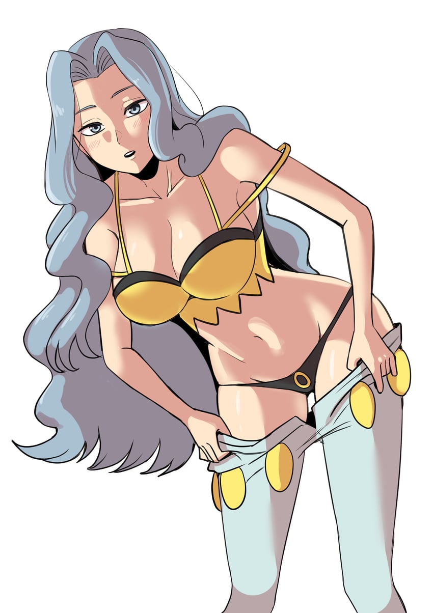 big hips, blue hair, breasts, creatures (company), female, game freak, hourglass figure, huge breasts, karen (pokemon), nintendo, pokemon, solo, solo female, thong, undressing, vmfhalfnjfem