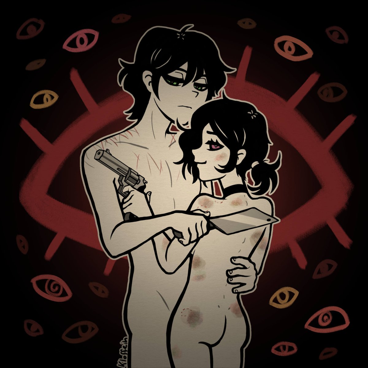 1boy, 1girls, 2d, andrew graves, ashley graves, ass, bite mark, bite marks, black hair, brother and sister, bruise, bruised, bruises, choker, cleaver, female, green eyes, gun, hug, hugging, incest, kloffein, looking back, male, nude, pink eyes, ponytail, revolver, scratch marks, scratches, siblings, smile, the coffin of andy and leyley