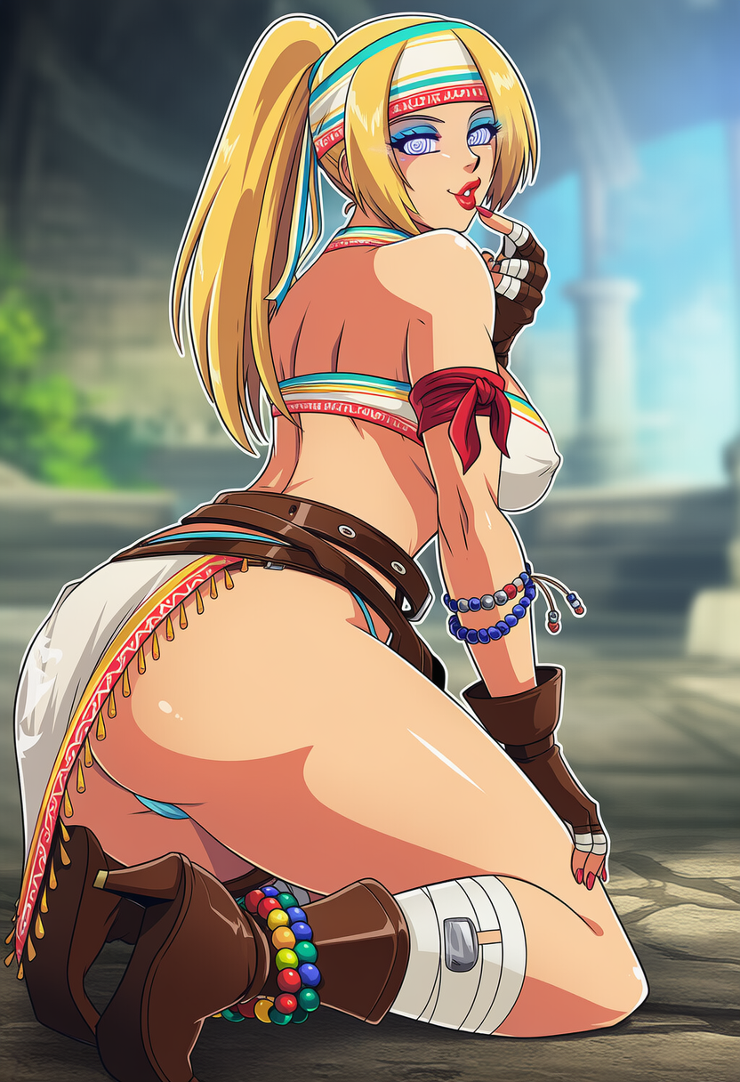 ai_generated bimbo blonde_hair blue_eyeshadow darli_dagger_(cosplay) fatal_fury feminization hypnosis king_of_fighters mascara red_lipstick rule_63 snk terry_bogard