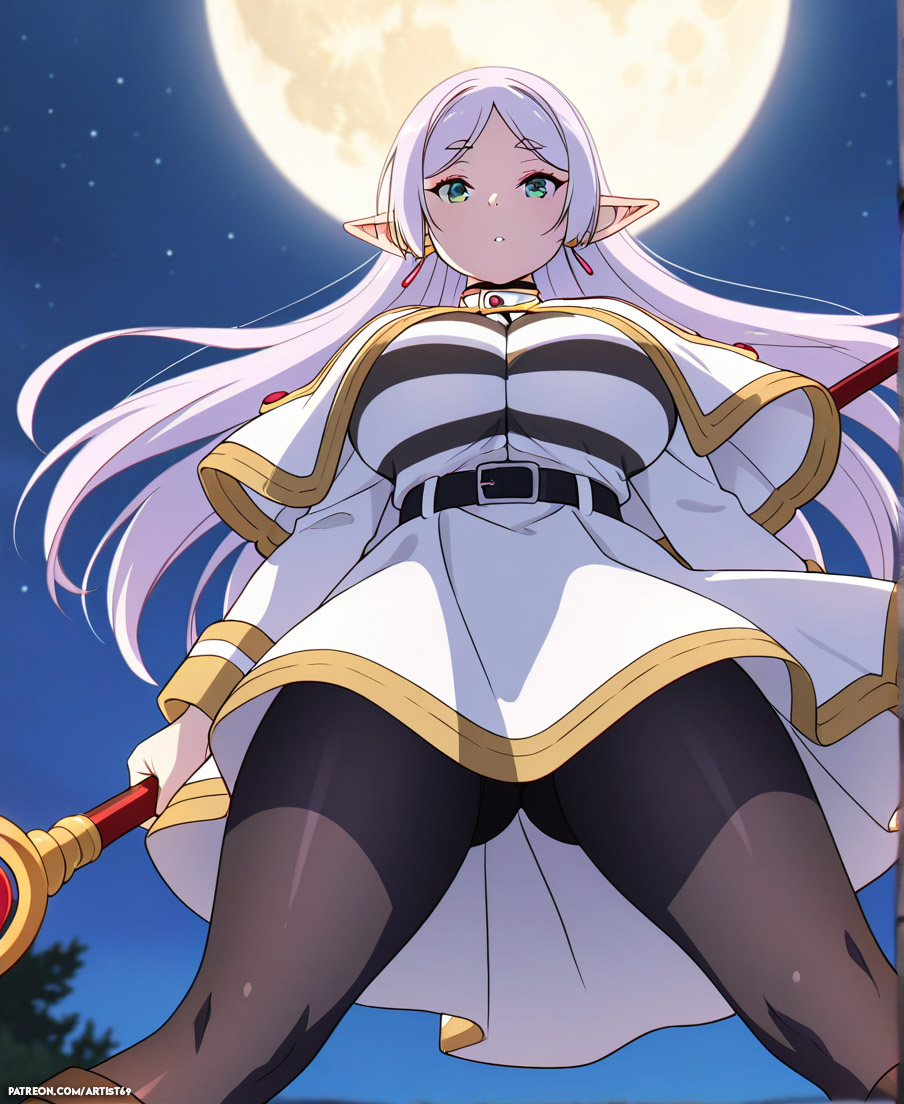 ai ai_generated artist69 below_view big_breasts breasts clothed earrings elf elf_ears elf_female excited frieren frieren_beyond_journey's_end green_eyes hentai highres leggings pov staff uncensored white_hair