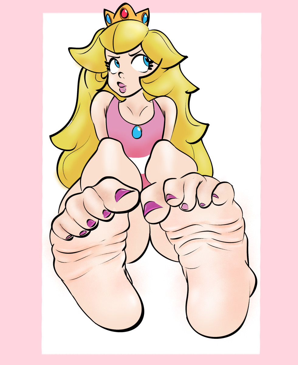 above view, bare shoulders, blonde hair, blue eyes, collarbone, crown, foot fetish, giant feet, jewelry, joe erogenous, long hair, looking at another, mario (series), miniskirt, necklace, nintendo, pink lipstick, pink nails, pov, princess peach, short dress, sidelocks