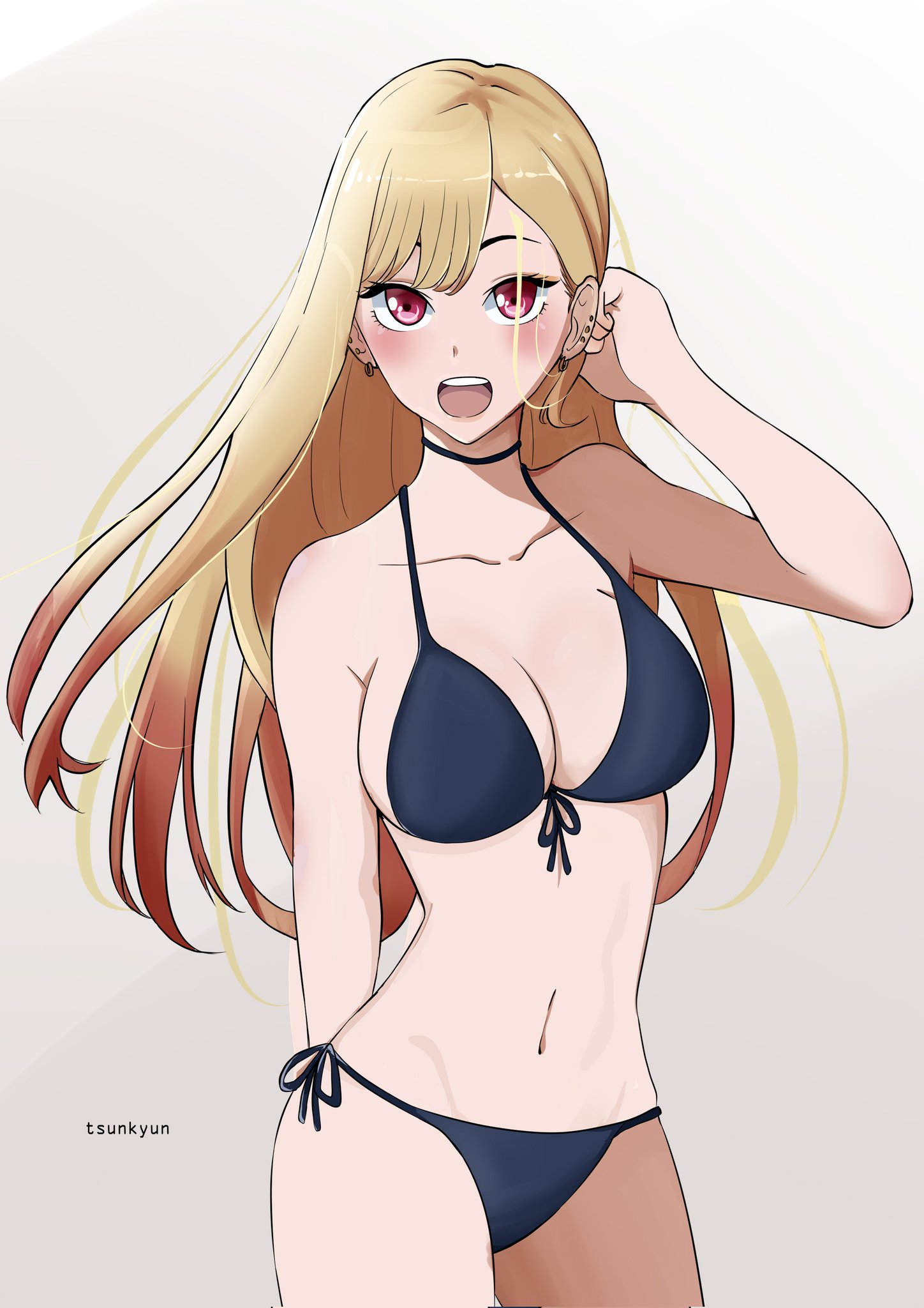 1girls, bare arms, bare belly, bare chest, bare hands, bare hips, bare legs, bare midriff, bare navel, bare shoulders, bare skin, bare thighs, belly, belly button, bikini, bikini bottom, bikini top, blonde female, blonde hair, blonde-haired female, blush, blush face, blushing at viewer, blushing female, breasts, busty, busty female, busty teenager, cleavage, collarbone, ear piercing, earrings, exposed arms, exposed belly, exposed chest, exposed hips, exposed legs, exposed midriff, exposed navel, exposed shoulders, exposed skin, exposed thighs, female, female focus, female only, fingers, groin, gyaru, high resolution, high school student, highres, hourglass figure, kitagawa marin, large breasts, lean figure, lips, long hair, looking at viewer, midriff, narrow waist, navel, open mouth, open mouth smile, parted lips, red eyes, red-eyed female, schoolgirl, shoulders, simple background, slender body, slender waist, slim waist, solo, sono bisque doll wa koi wo suru, standing, string bikini, swimsuit, swimwear, teenage female, teenager, thick thighs, thighs, tongue, tsunkyun, upper body, upper teeth, white background, wide hips, young female, young woman