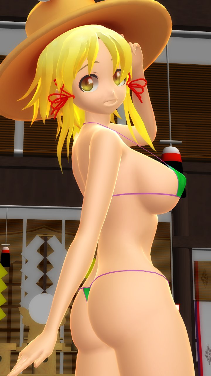 1girls 2025 3d ass backside bikini blonde_hair_female butt_crack deity female_only green_bikini hair_tie hat hati_yukkuri_mmd headwear interior_background light-skinned_female looking_at_viewer mmd open_mouth short_hair_female sideboob skimpy_bikini suwako_moriya swimsuit touhou uncanny_valley yellow_eyes_female