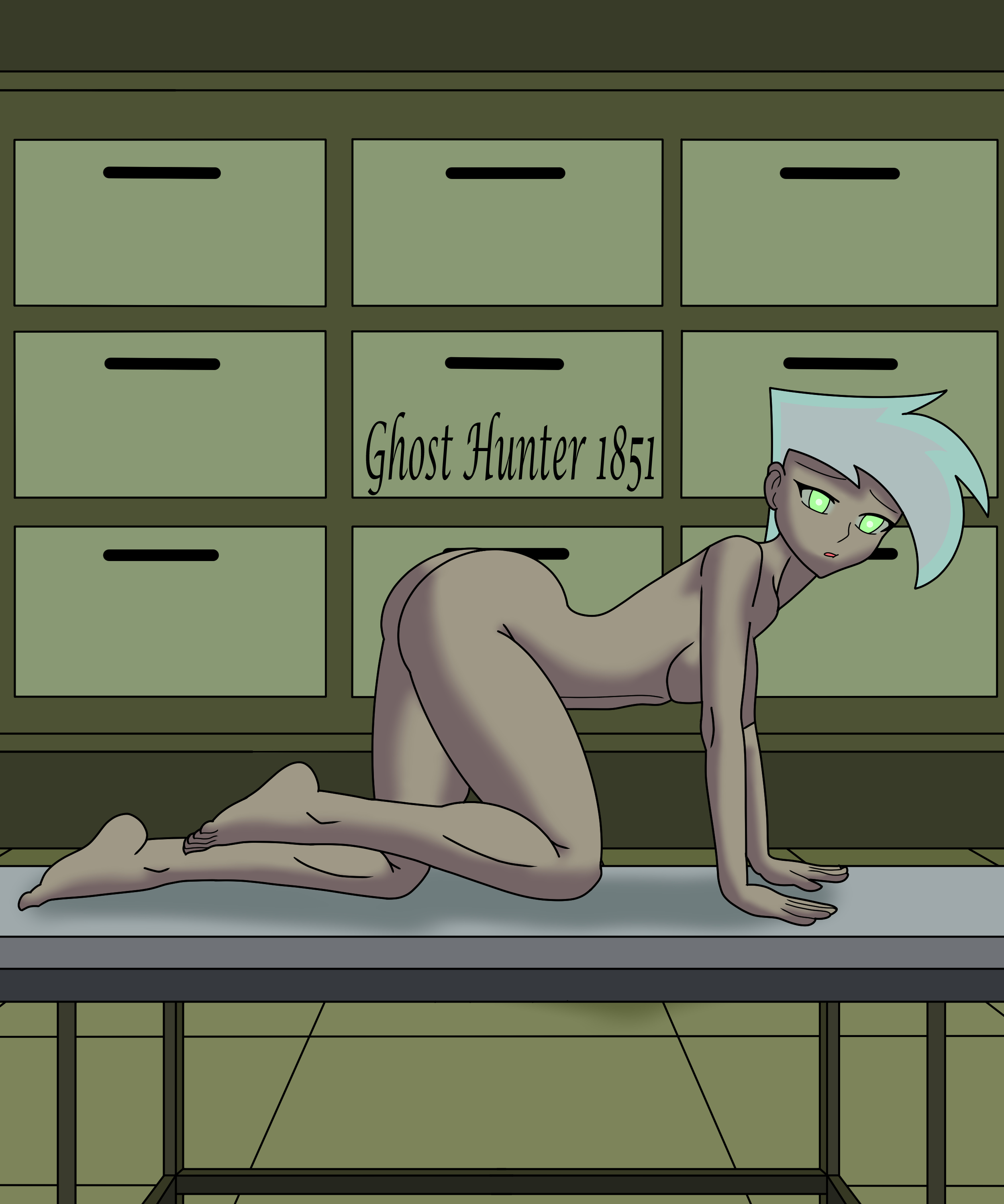 1boy, bare ass, bare legs, bare shoulders, bare thighs, barefoot, danny fenton, danny phantom, ghosthunter1851(artist), green eyes, looking at viewer, male, naked, naked male, nickelodeon, nude, nude male, on all fours, side view, white hair
