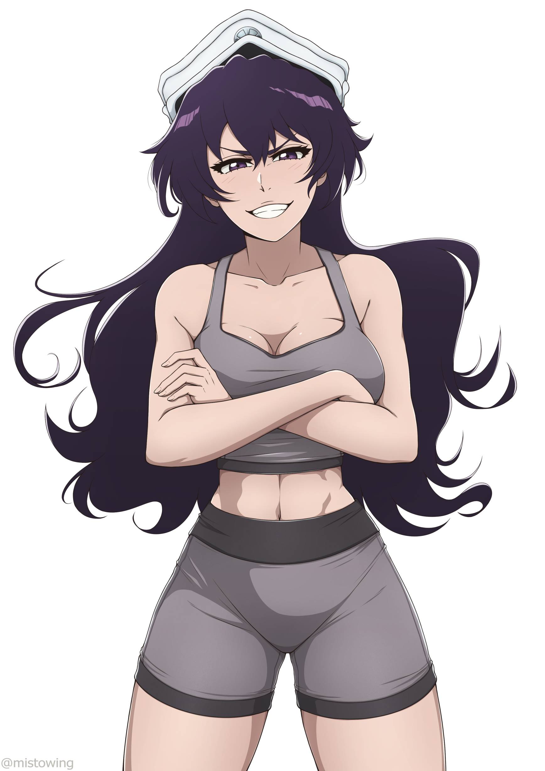 1girls, arms crossed, arms crossed under breasts, bambietta basterbine, big breasts, black hair, bleach, bleach: the thousand-year blood war, blush, blushing, blushing at viewer, breasts, devious grin, devious smile, female, female only, hat, light-skinned female, mistowing, solo
