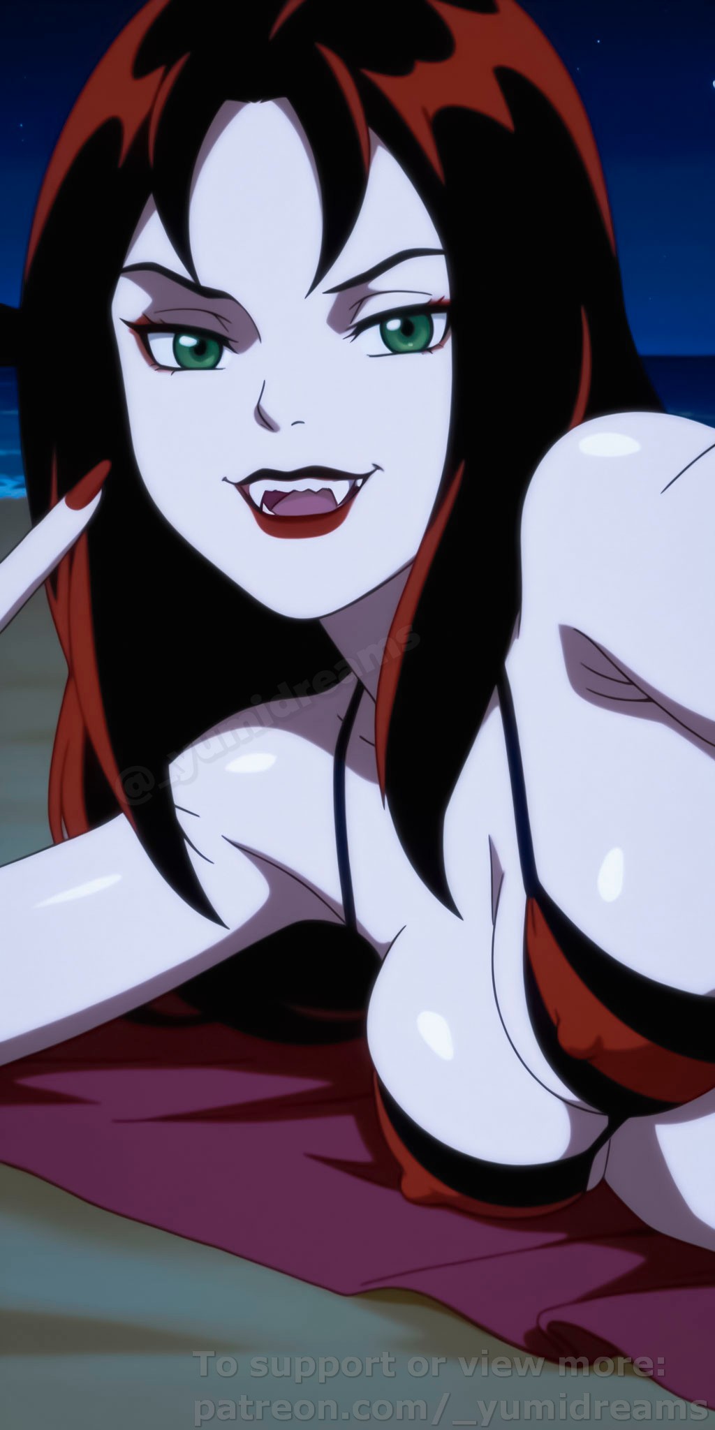  yumidreams, ai generated, beach, beach towel, bikini, bikini top, black bikini, black bikini top, black hair, breasts, cleavage, female, gothic, green eyes, hard nipples, hex girls, high resolution, highres, lipstick, looking at viewer, makeup, medium breasts, multicolored hair, night, nipple outline, nipples visible through clothing, ocean, pale skin, patreon username, red bikini, red bikini top, red hair, red lipstick, red nail polish, sally mcknight, scooby-doo, selfie, selfie pose, shimapan, smile, striped, striped bikini, thorn (hex girls), vampire, vampire fangs, vampire girl, vampire teeth