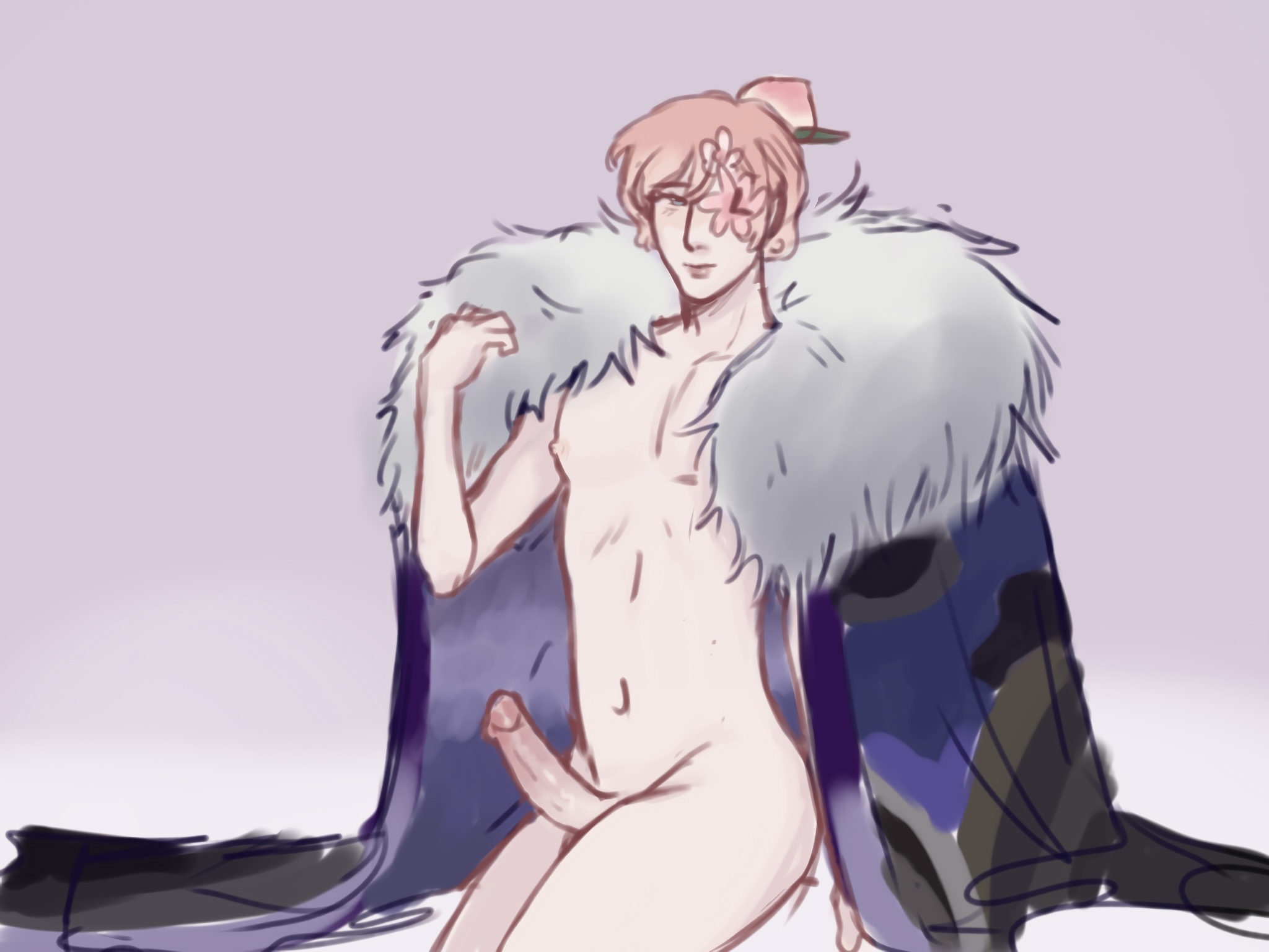 big penis, cape, cookie run, cookie run kingdom, covered eye, femboy, male, male only, naked male, pale skin, peach blossom cookie, penis