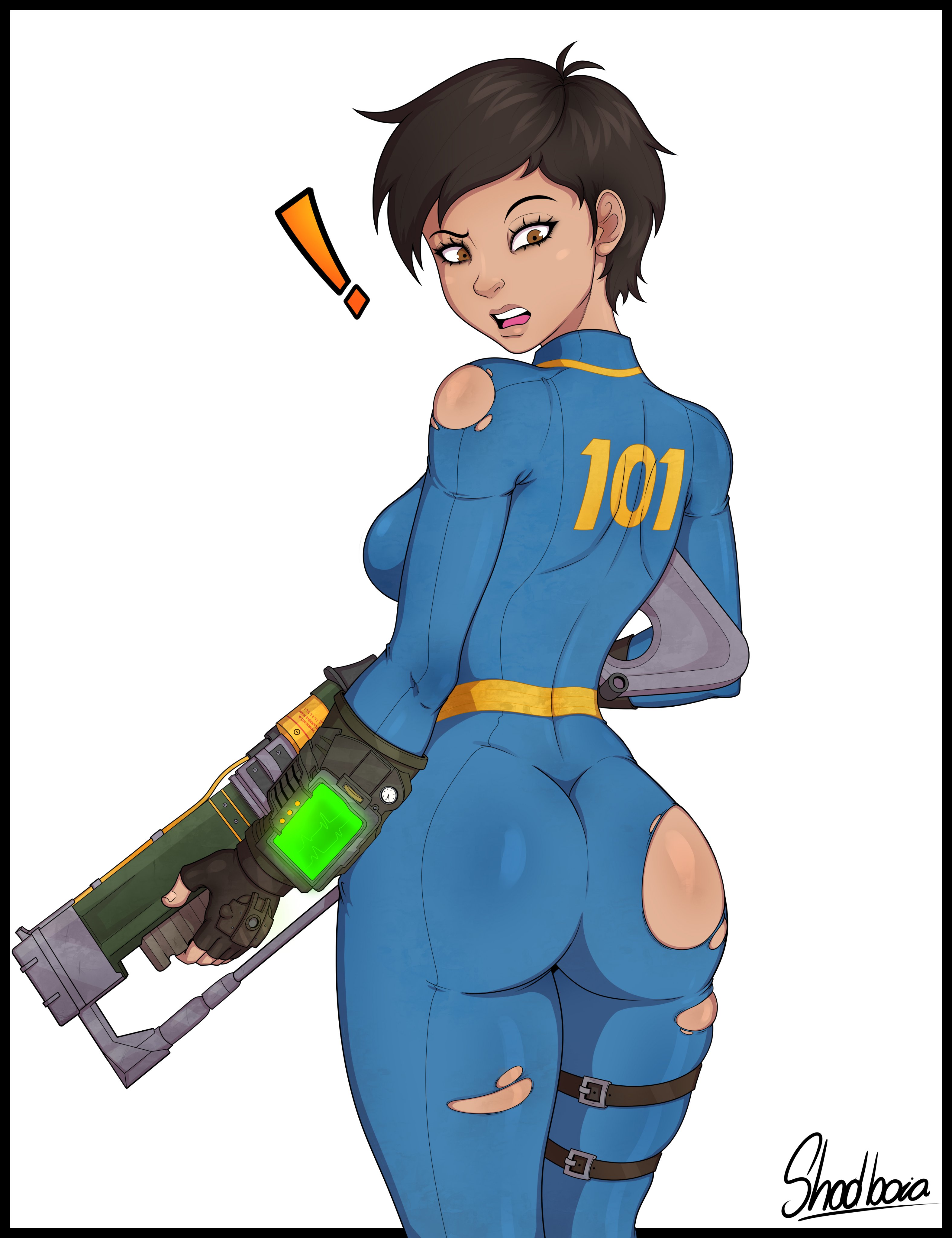 !, 1girls, 2025, 2d, 2d (artwork), alternate version at source, alternate version available, artist name, ass, ass focus, ass up, big ass, black border, black hair, breasts, brown eyes, brown hair, bubble ass, bubble butt, clothed, clothed female, commission, fallout, fallout (series), fallout 3, fat ass, female, gun, human, human only, laser rifle, lone wanderer, looking back, medium breasts, no sex, original character, pinup, pip-boy, rifle, ripped bodysuit, ripped clothing, ripped pants, shadboya, short hair, sideboob, simple background, skintight, skintight bodysuit, skintight clothing, thick ass, thick thighs, torn bodysuit, torn clothes, torn clothing, vault girl, vault suit, weapon, white background, wide hips, wide thighs