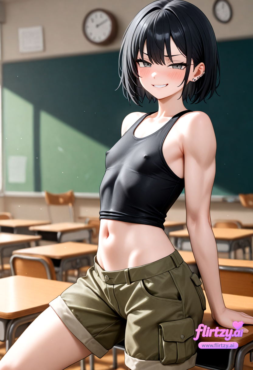 ai_assisted ai_generated analog_clock bare_shoulders black_hair blurry blurry_background blurry_foreground blush breasts chair chalkboard classroom clock covered_nipples depth_of_field desk ear_piercing earrings female flirtzy.ai grin indoors jewelry logo looking_at_viewer motion_blur navel on_desk piercing school_chair school_desk short_hair shorts sitting_on_desk small_breasts smile solo table tank_top wall_clock