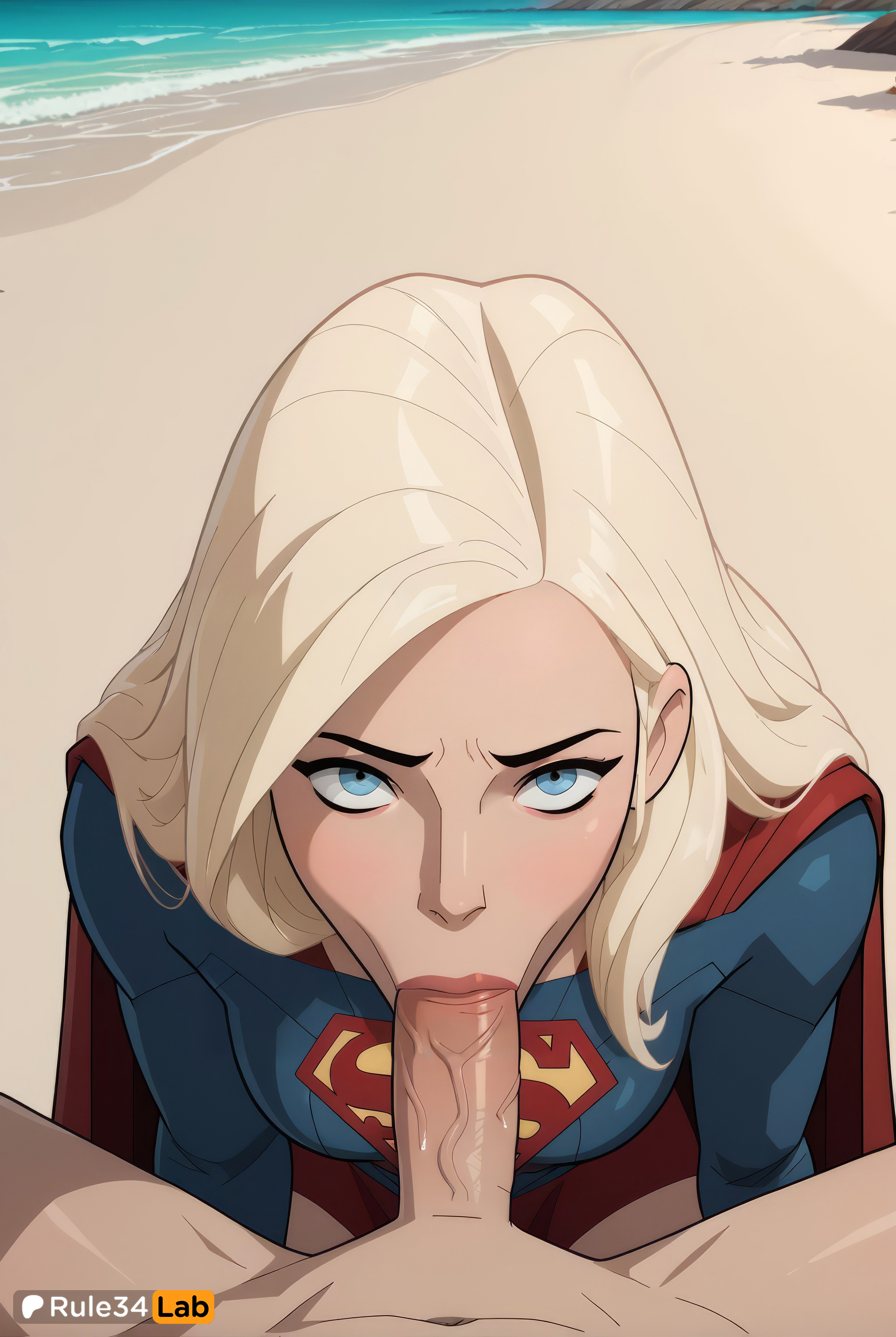 :>=, 1boy, 1girls, ai generated, artist name, beach, blonde hair, blowjob, blue eyes, breasts, cape, clothed female nude male, day, dc, dc comics, fellatio, female, hi res, kara danvers, kara zor-el, legion of superheroes, lips, long hair, looking at viewer, male, medium breasts, nude, ocean, oral, outdoors, penis, pov, pov crotch, red cape, rule34lab, sand, solo focus, straight, supergirl, superhero, superman (series), tomorrowverse, uncensored, veins, veiny penis