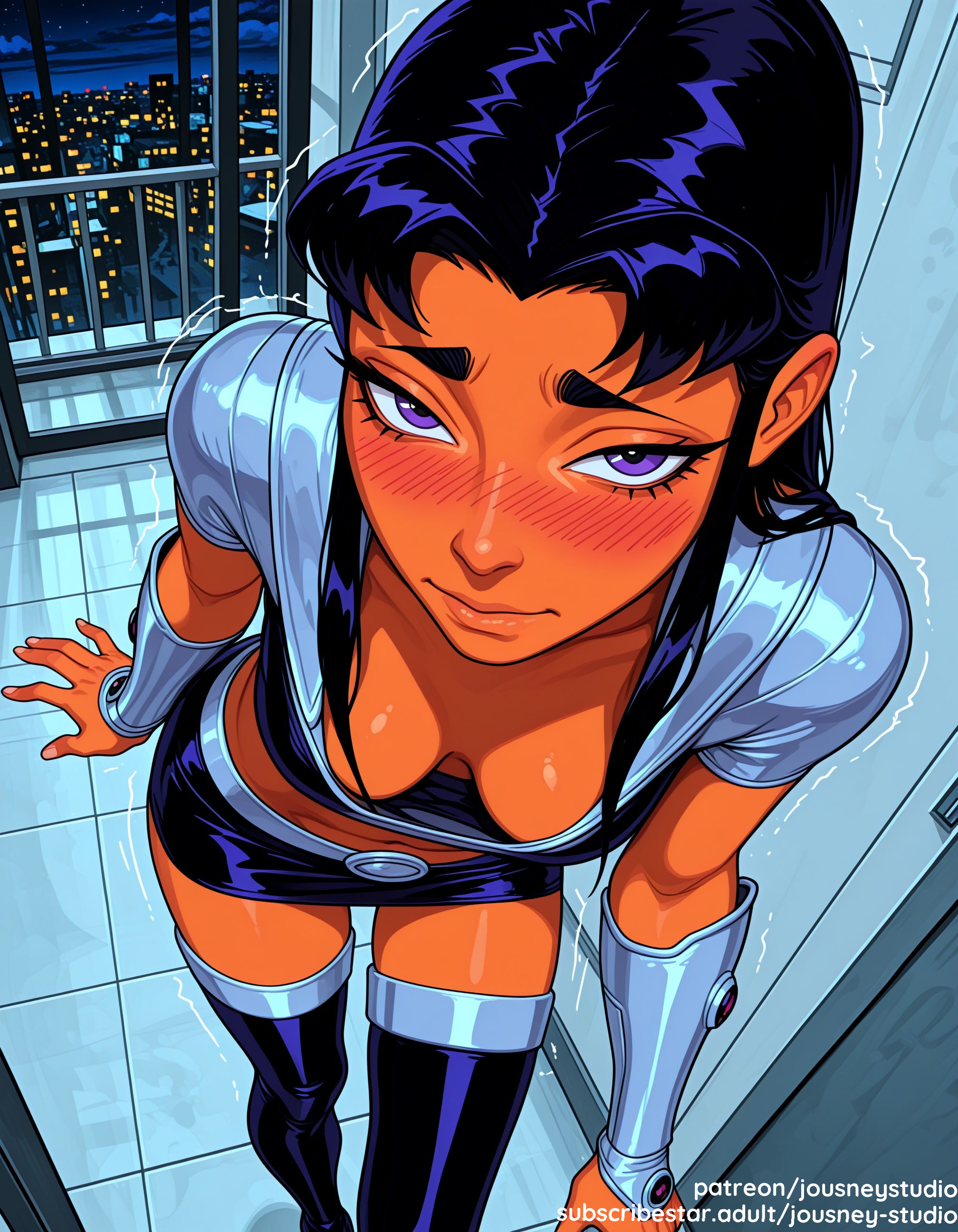 ai generated, all fours, ass, bangs, bare shoulders, bent over, black footwear, black hair, black legwear, blackfire, blush, bodysuit, boots, breasts, clavicle, cleavage, closed mouth, clothing, dark skin, dark-skinned female, dc, dc comics, downblouse, embarrassed, eyebrows, eyelashes, female, female only, footwear, gloves, hanging breasts, indoors, jousneystudio, large breasts, leaning forward, legwear, lips, long hair, looking at viewer, makeup, medium breasts, midriff, miniskirt, navel, night, nipples, nose blush, older, purple eyes, shiny skin, shirt, shoes, skirt, smile, solo, standing, starfire, superhero, superheroine, sweat, teen titans, thick eyebrows, thick thighs, thigh boots, thighhighs, thighs, tiles, trembling, window, young adult, young adult female, young adult woman, zettai ryouiki