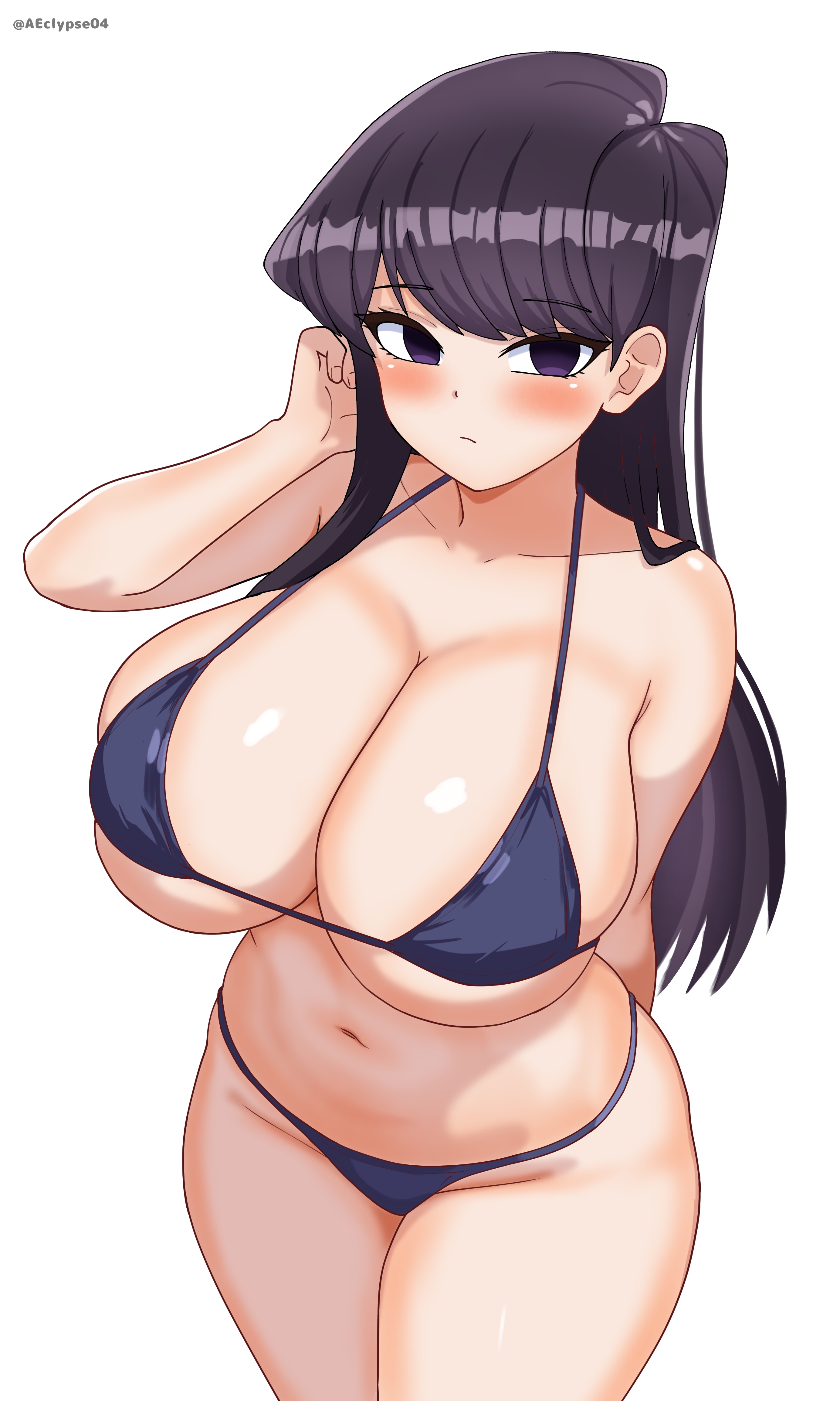 1girls, adorable, adorable face, adorable girl, bare arms, bare belly, bare chest, bare navel, bare skin, belly, belly button, big breasts, bikini, bikini bottom, bikini only, bikini top, black hair, black-haired female, blush, blush face, blushing at viewer, blushing female, breasts, busty, busty female, busty teenager, cleavage, collarbone, curvaceous, curvaceous body, curvaceous female, curvaceous figure, curvaceous hips, curvaceous teenager, curvaceous thighs, curvy, curvy body, curvy female, curvy figure, curvy hips, curvy thighs, cute, cute but busty, cute face, cute female, eclypse, elbows, exposed belly, exposed chest, exposed midriff, exposed navel, eyebrows visible through hair, female, female focus, female only, fingers, groin, halterneck, high resolution, high school student, highres, hourglass figure, huge breasts, komi shouko, komi-san wa komyushou desu, large breasts, lean figure, lips, long hair, looking at viewer, looking up, looking up at viewer, midriff, narrow waist, navel, purple eyes, purple-eyed female, schoolgirl, shoulders, simple background, slender body, slender waist, slim waist, solo, standing, string bikini, swimsuit, swimwear, teenage female, teenager, thick thighs, thighs, upper body, voluptuous, voluptuous female, white background, wide hips, young female, young woman