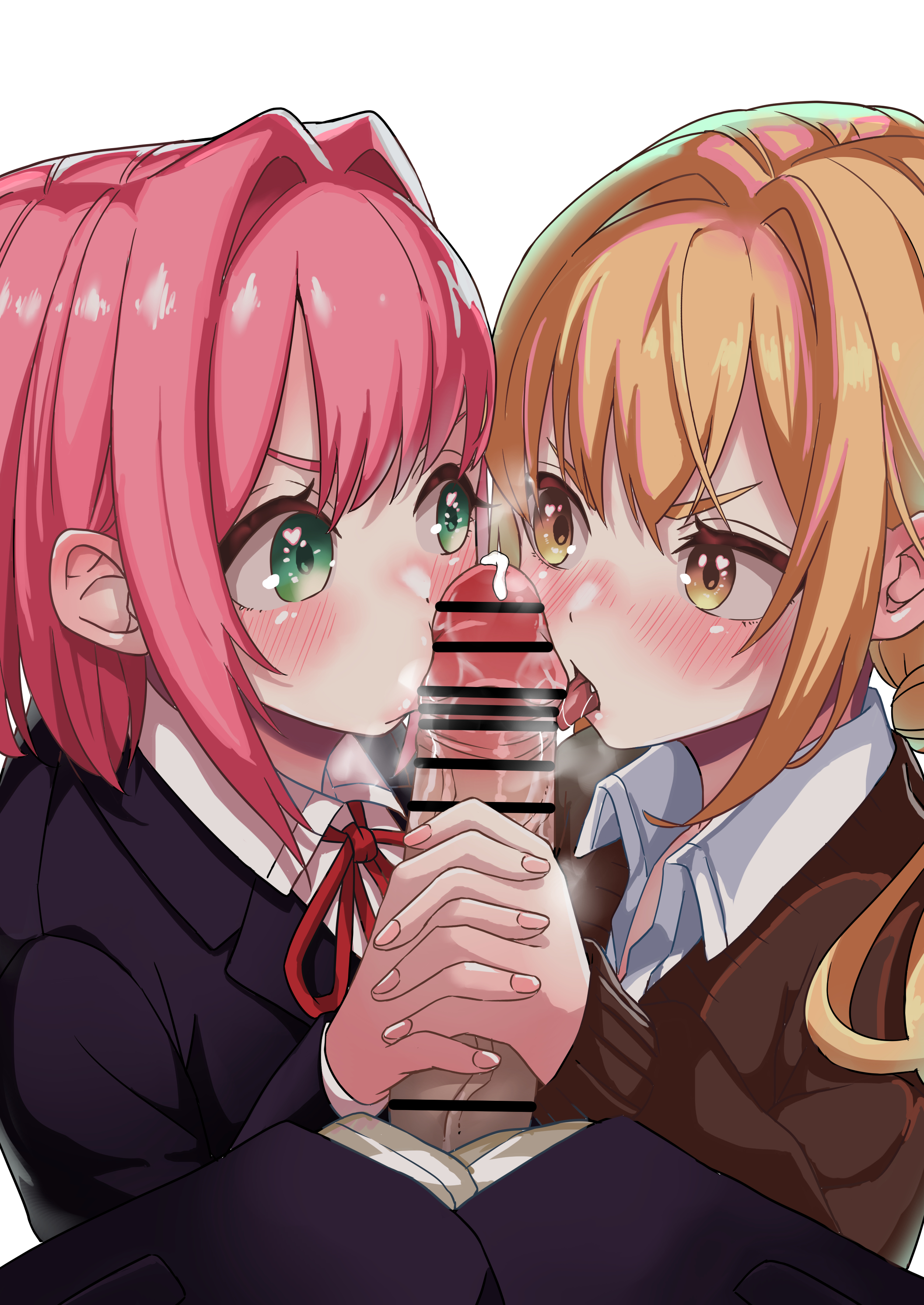 1boy, 2girls, absurdres, aijou rentarou, bar censor, black jacket, blazer, blush, brown cardigan, cardigan, censored, collaborative fellatio, collared shirt, commentary request, cooperative fellatio, cum, erection, fellatio, female, green eyes, hair intakes, hanazono hakari, highres, inda karane, interlocked fingers, jacket, kimi no koto ga dai dai dai dai daisuki na 100-nin no kanojo, licking, licking penis, long hair, looking at another, male, multiple females, multiple girls, neck ribbon, ohananomitsu high school uniform, oral, orange eyes, orange hair, penis, pink hair, pov, pov crotch, red ribbon, ribbon, school uniform, shashadog18, shirt, short hair, simple background, straight, teamwork, teamwork (sexual), white background, white shirt