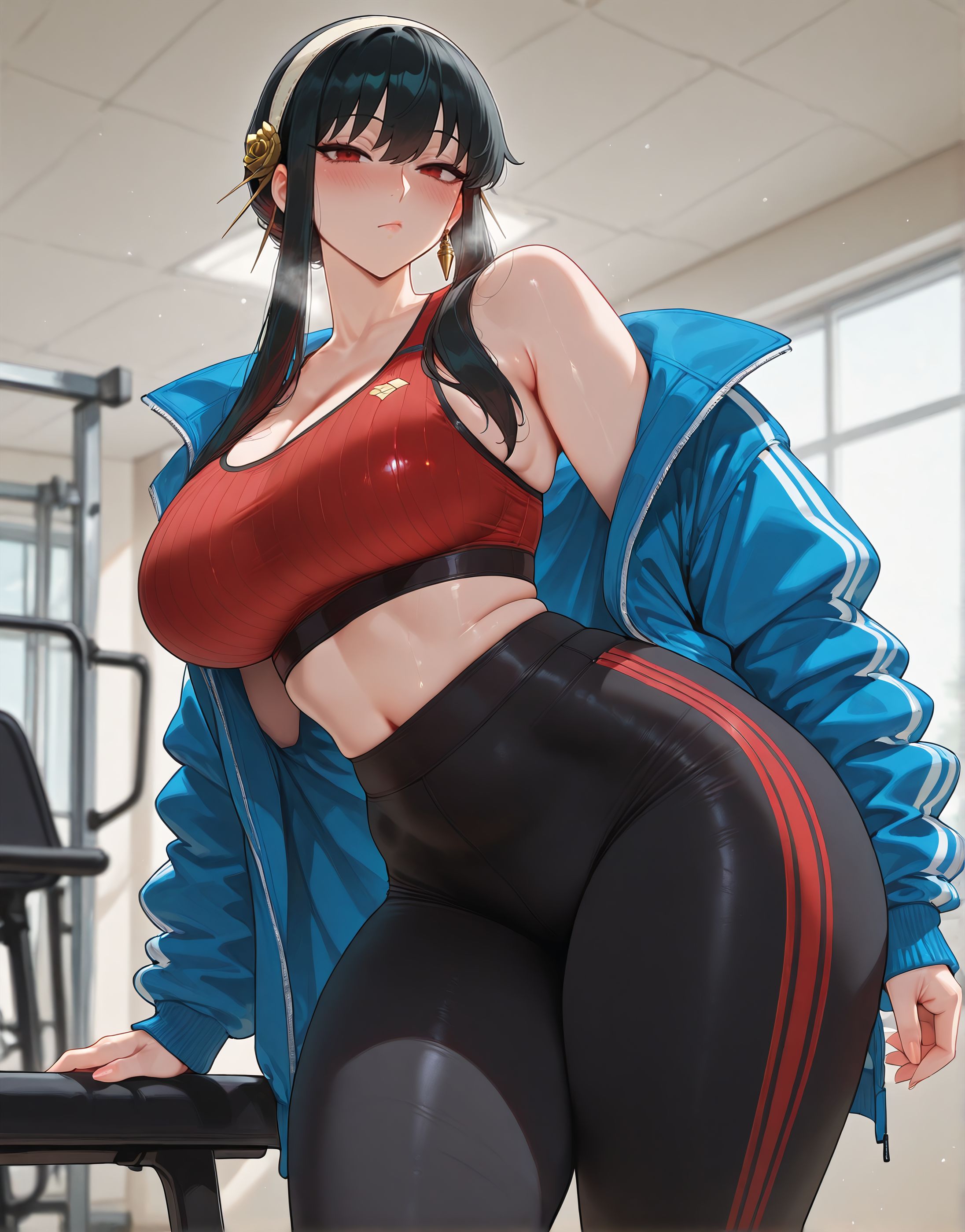 1girls, adidas, ai generated, alternate costume, arm support, bangs, bare shoulders, black hair, black pants, black sports bra, blue jacket, blush, bra, breasts, breath, cleavage, closed mouth, clothing, collarbone, crop top, curvaceous, curvaceous female, curvaceous figure, curvy, curvy figure, earrings, female, female focus, female only, flower, gold earrings, gold hairband, gym, gym uniform, hair flower, hair ornament, hairband, headwear, high-waist pants, indoors, inviting, inviting to sex, jacket, jewelry, large breasts, long hair, long sleeves, looking at viewer, midriff, navel, off shoulder, open clothes, open jacket, pants, presenting, presenting ass, presenting breasts, presenting hindquarters, presenting self, red eyes, red sports bra, sakaro, seductive, seductive look, seductive smile, sidelocks, solo, sports bra, sportswear, spy x family, stomach, striped clothes, sweat, thick thighs, thighs, tight pants, track jacket, voluptuous, voluptuous female, weights, white hairband, window, yoga pants, yor briar