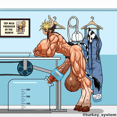 animated anthro breastmilk brown_hair cathyl_(monster_musume) cock_milking dark-skinned_futanari futanari hooves horns huge_balls huge_breasts huge_cock jar lactation masturbation milking_cum milking_machine milking_penis monster_musume_no_iru_nichijou muscular muscular_futa rubbing_nipples tail turkey_system veiny_balls
