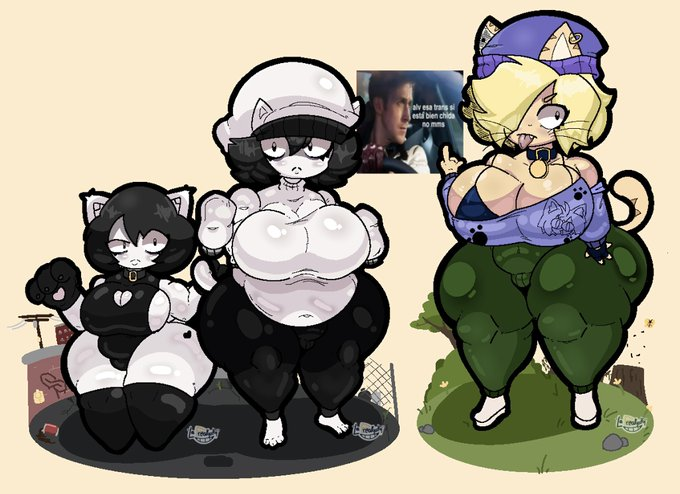 3girls :&lt; animal_ears beanie bell bikini black_hair blonde_hair breasts cat_ears cat_girl cat_tail cleavage cleavage_cutout clothing_cutout collar female furry_female gloves green_pants hair_over_one_eye hat huge_breasts jeli_(jelitrixx) lafreakysky large_breasts meme_reference multiple_girls navel neck_bell pants plump ramirez_(jelitrixx) reference_inset short_hair spanish_text swimsuit tagme tail thick_thighs thighhighs thighs tongue tongue_out