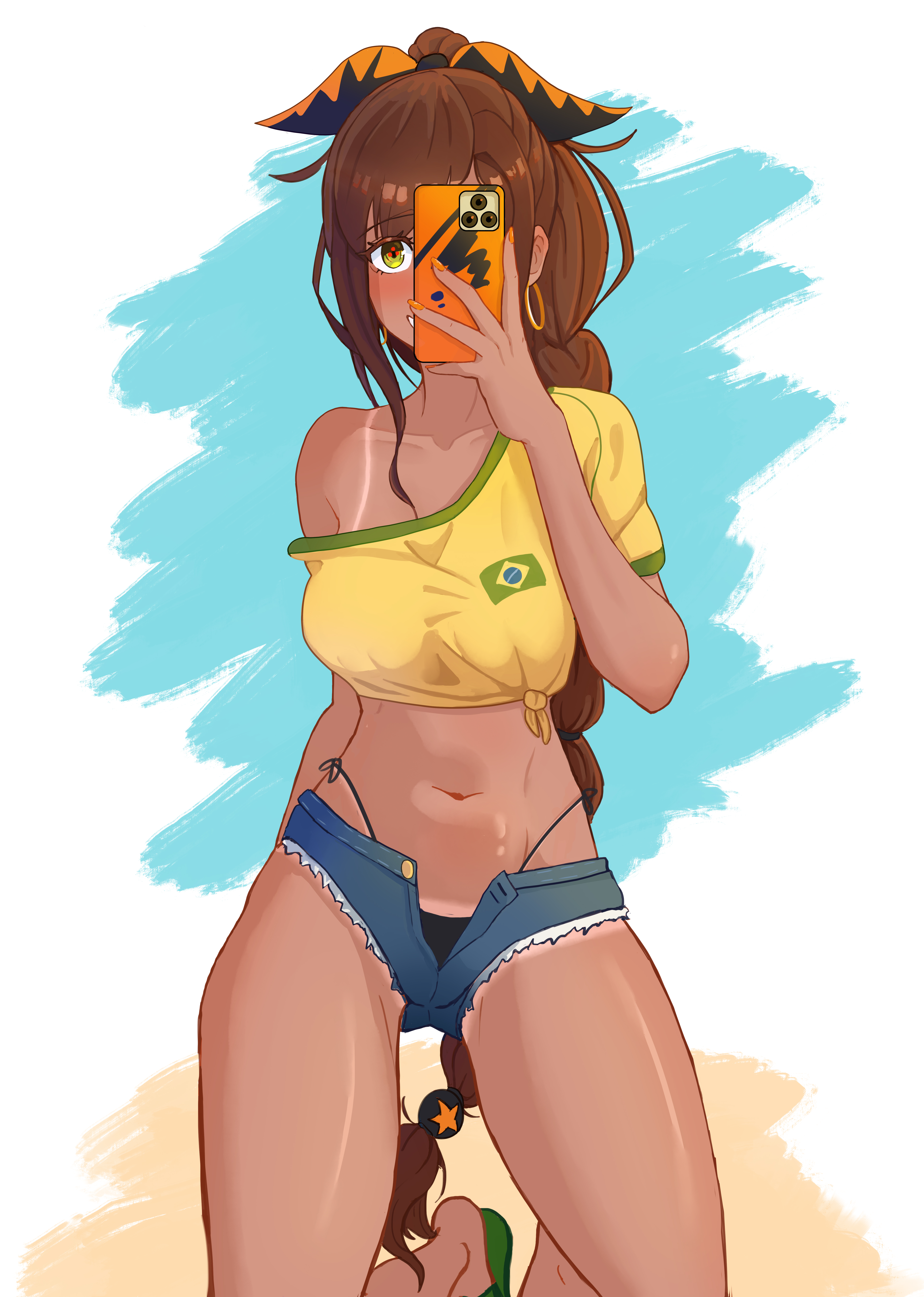 1girls, brazilian, brazilian female, brown hair, dark skin, dark-skinned female, denim shorts, female, navel, re:zero kara hajimeru isekai seikatsu, shaula (re:zero), vingete