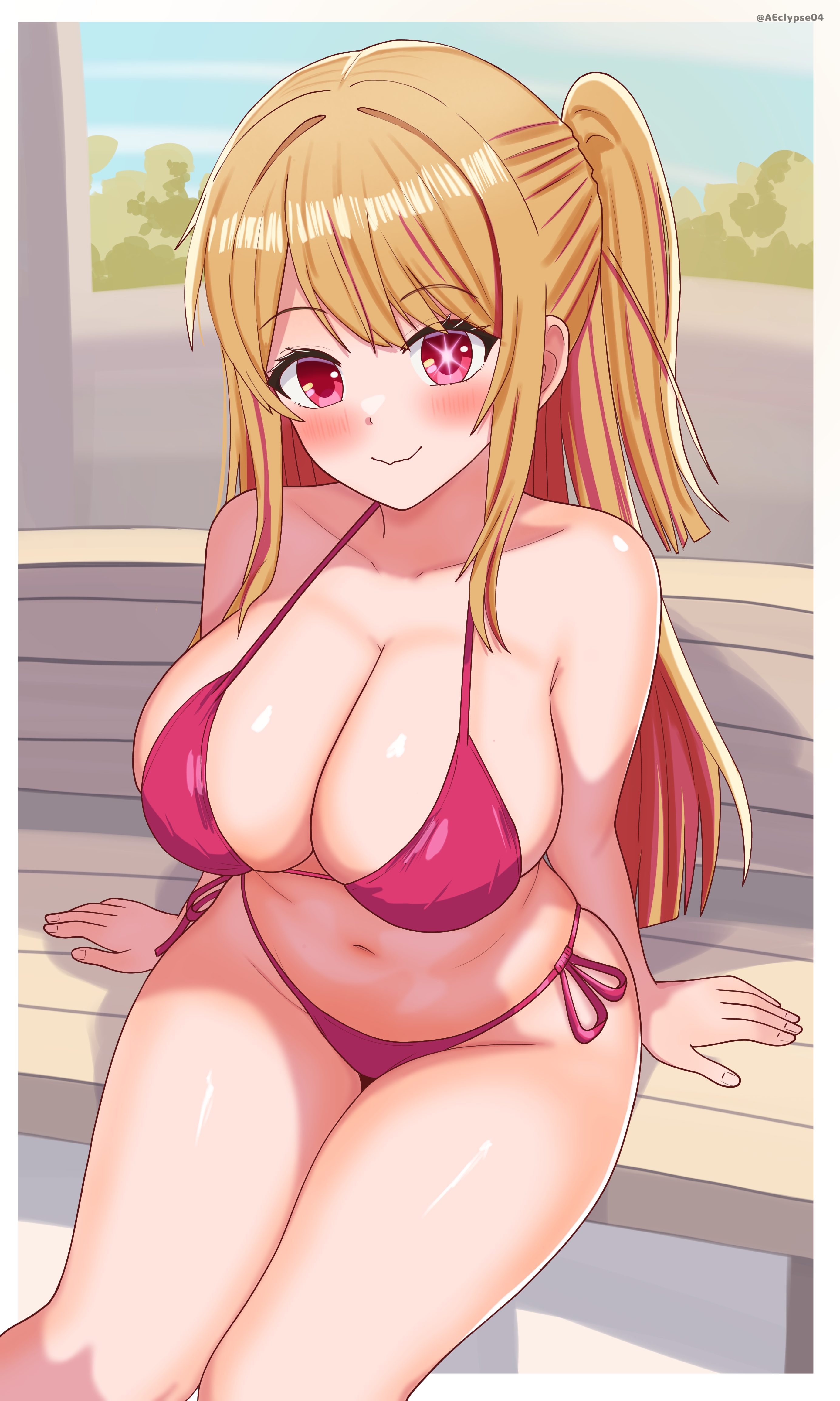 1girls, arm support, bare arms, bare belly, bare chest, bare hands, bare hips, bare legs, bare midriff, bare navel, bare shoulders, bare skin, bare thighs, belly, belly button, bench, bikini, bikini bottom, bikini only, bikini top, blonde eyebrows, blonde female, blonde hair, blonde-haired female, blush, blush face, blushing at viewer, blushing female, breasts, busty, busty female, busty teenager, cleavage, closed mouth smile, collarbone, curvaceous, curvaceous body, curvaceous female, curvaceous figure, curvaceous hips, curvaceous teenager, curvaceous thighs, curvy, curvy body, curvy female, curvy figure, curvy hips, curvy thighs, eclypse, exposed arms, exposed belly, exposed chest, exposed hips, exposed legs, exposed midriff, exposed navel, exposed shoulders, exposed skin, exposed thighs, eyebrows visible through hair, female, female focus, female only, fingernails, fingers, groin, half naked, half nude, halterneck, high resolution, high school student, highres, hoshino ruby, hourglass figure, knees, large breasts, lean figure, legs closed, legs together, lips, long hair, looking at viewer, midriff, naked, naked female, naked woman, narrow waist, navel, nervous, nervous expression, nervous face, nervous female, nervous smile, nude, nude female, nudity, oshi no ko, outdoor, outdoor nudity, outdoors, outside, pink eyes, pink-eyed female, ponytail, schoolgirl, semi nude, shoulders, shy, shy expression, shy smile, side ponytail, side-tie bikini, sitting, slender body, slender waist, slim waist, smile, smiley face, smiling, smiling at viewer, smirk, solo, star eyes, star-shaped pupils, string bikini, swimsuit, swimwear, teenage female, teenager, thick thighs, thighs, upper body, wide hips, young female, young woman