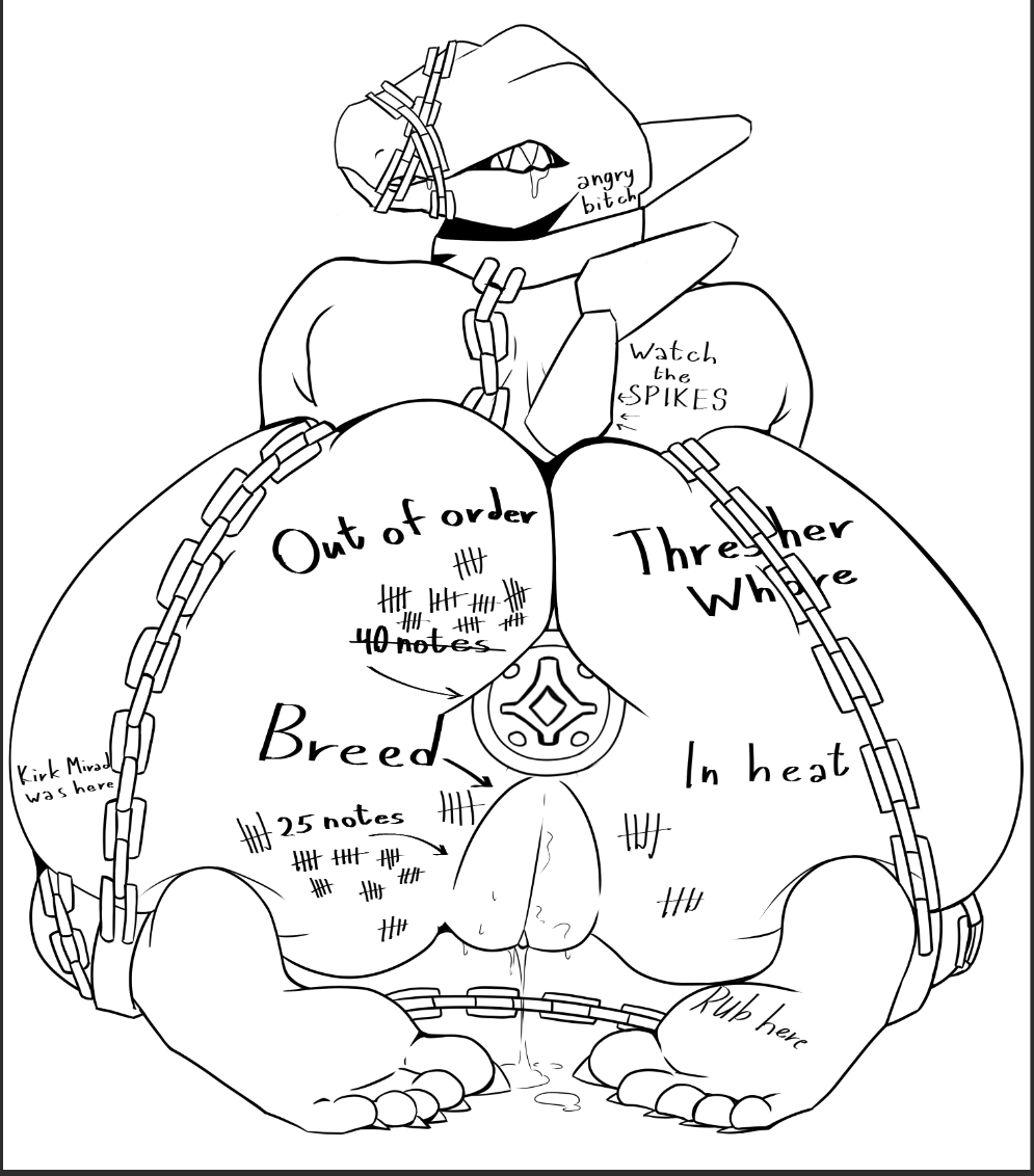 alternate_version_available artist_request body_writing buttplug chain_collar chained_up chains collar deepwoken dripping_pussy drooling monster_girl muzzle naked pet petplay pussy sharp_teeth sharp_toenails tally_marks thresher
