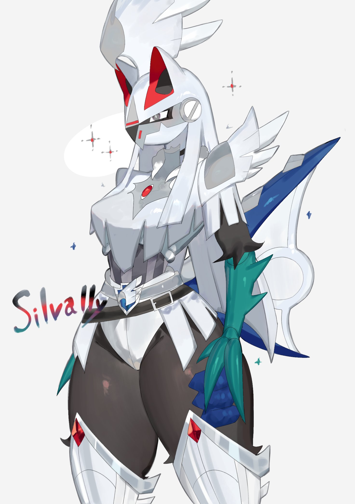 1girls, 3 toes, anthro, clawed fingers, english text, female, female only, generation 7 pokemon, grey eyes, hi res, legendary pokemon, long hair, nintendo, pokemon, pokemon (species), silvally, solo, text, thick thighs, toge77789, togetoge, white background, white hair