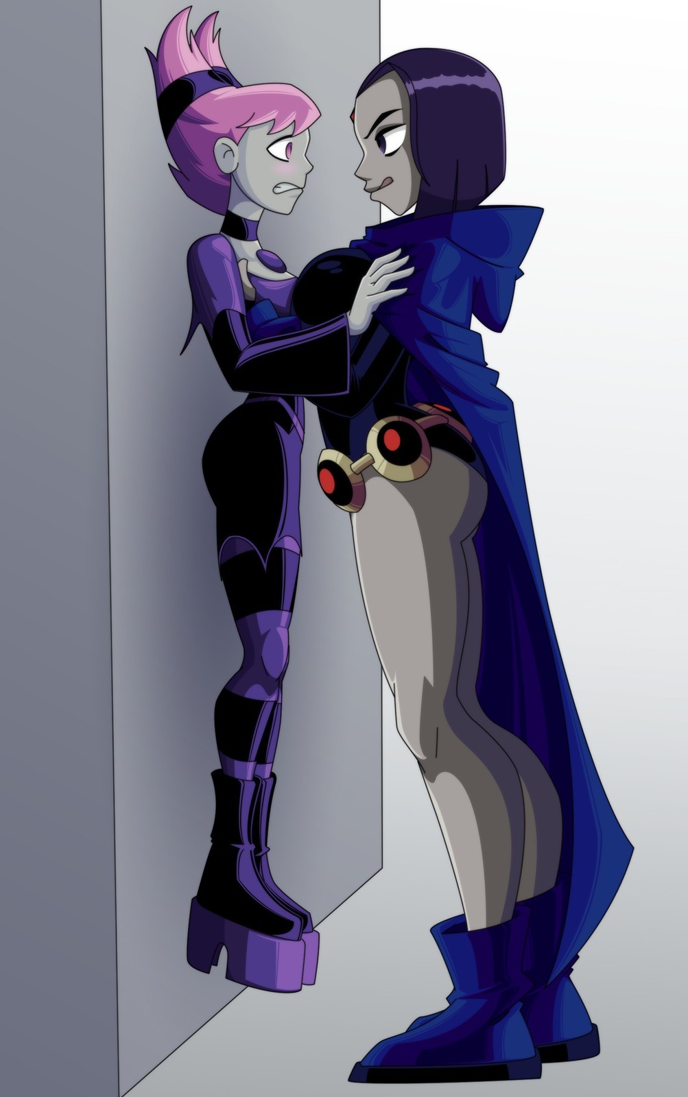 2girls, cartoon network, dc, dc comics, female, female only, jinx (dc), leotard, licking lips, multiple females, multiple girls, pale skin, purple hair, rachel roth, raven (dc), ravenravenraven, short hair, size difference, straight hair, tagme, teen titans, toonami, white background