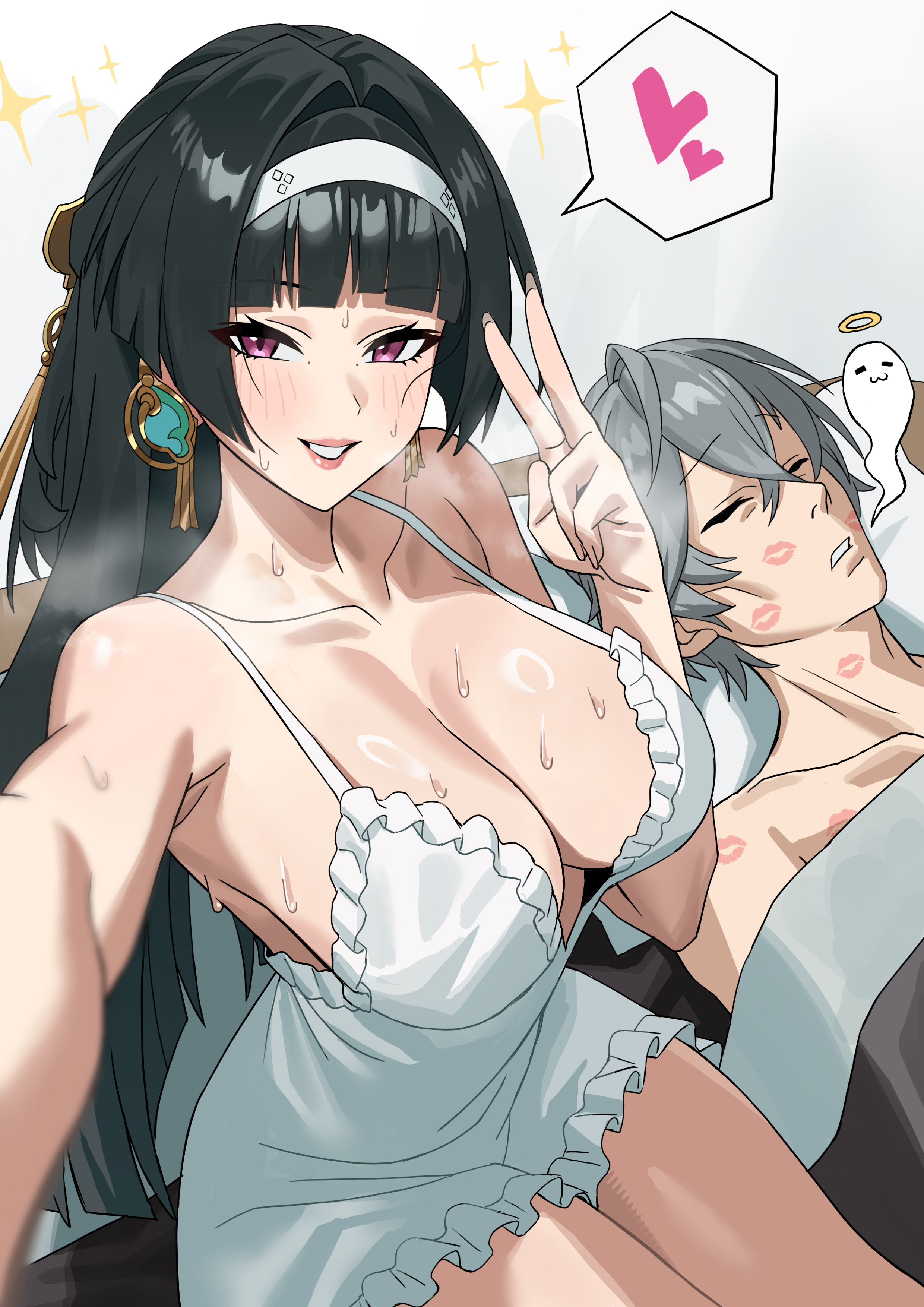 1boy, 1girls, absurdres, astra yao, bare shoulders, black hair, blunt bangs, blush, breasts, cleavage, commentary, dress, earrings, female, giving up the ghost, grey hair, grin, guy tired after sex (meme), hairband, heart, highres, jewelry, large breasts, light skin, light-skinned female, light-skinned male, lipstick mark, long hair, looking at viewer, male, nightgown, purple eyes, q haoyu, selfie, sleeveless, sleeveless dress, smile, spoken heart, straight, sweat, v, white dress, wise (zenless zone zero), zenless zone zero