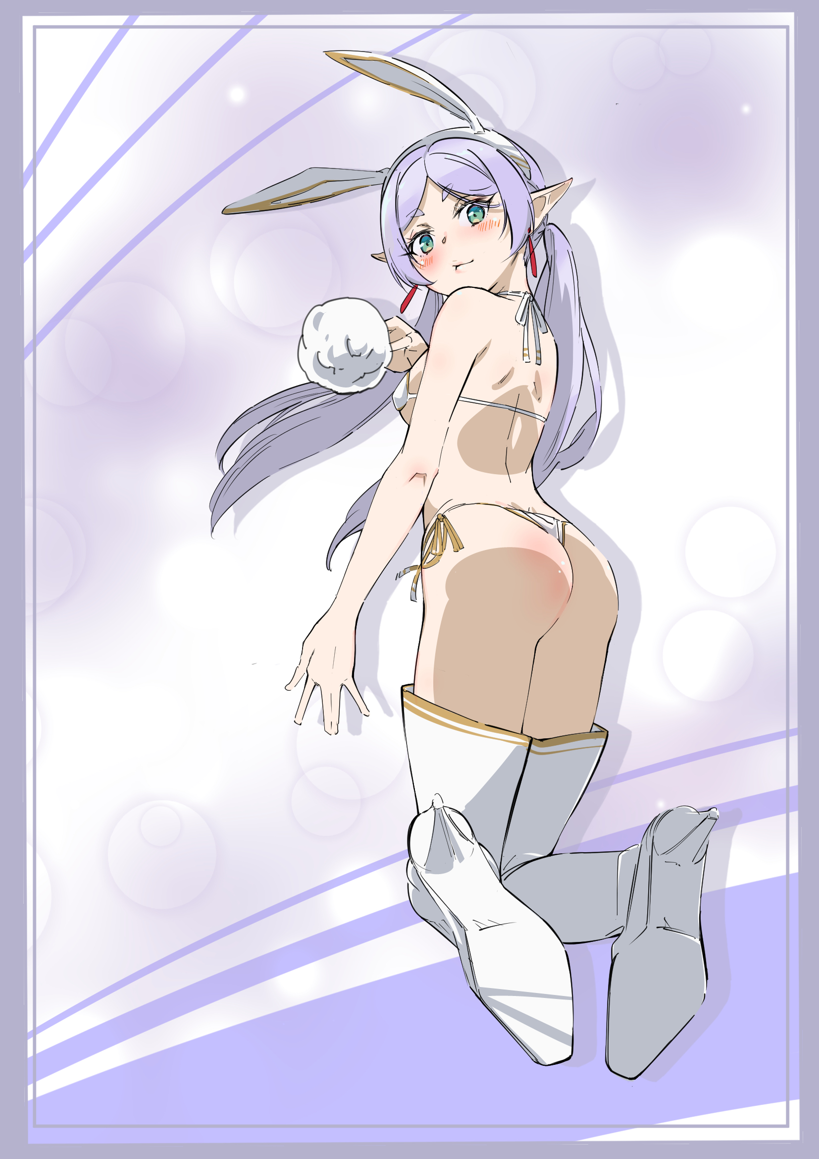 1girls, ass, ass cleavage, ass crack, back, bikini, bikini bottom, bikini top, blush, blush face, blushing at viewer, blushing female, breasts, butt crack, coriponz, elf, elf ear, elf ears, elf female, elf girl, female, female only, footwear, frieren, green eyes, green-eyed female, halterneck, head tilt, high heels, looking back, looking back at viewer, medium breasts, nape, pointy ears, shoes, side-tie bikini, silver hair, silver-haired female, sousou no frieren, string bikini, swimsuit, swimwear, tilted head, twintails, twintails (hairstyle)