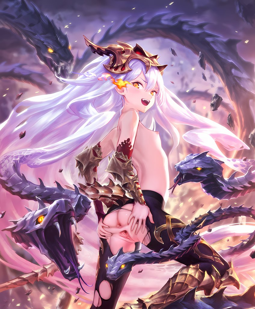 1girls, ass, ass focus, asshole, black thighhighs, breasts, edit, female, gaping, gaping anus, gaping ass, gaping pussy, long hair, medusa (shingeki no bahamut), nipples, nude, nude edit, nude female, nude filter, open mouth, orange eyes, pink nipples, pussy, shadowverse, shingeki no bahamut, silver hair, small body, small breasts, snake, teeth, vagina