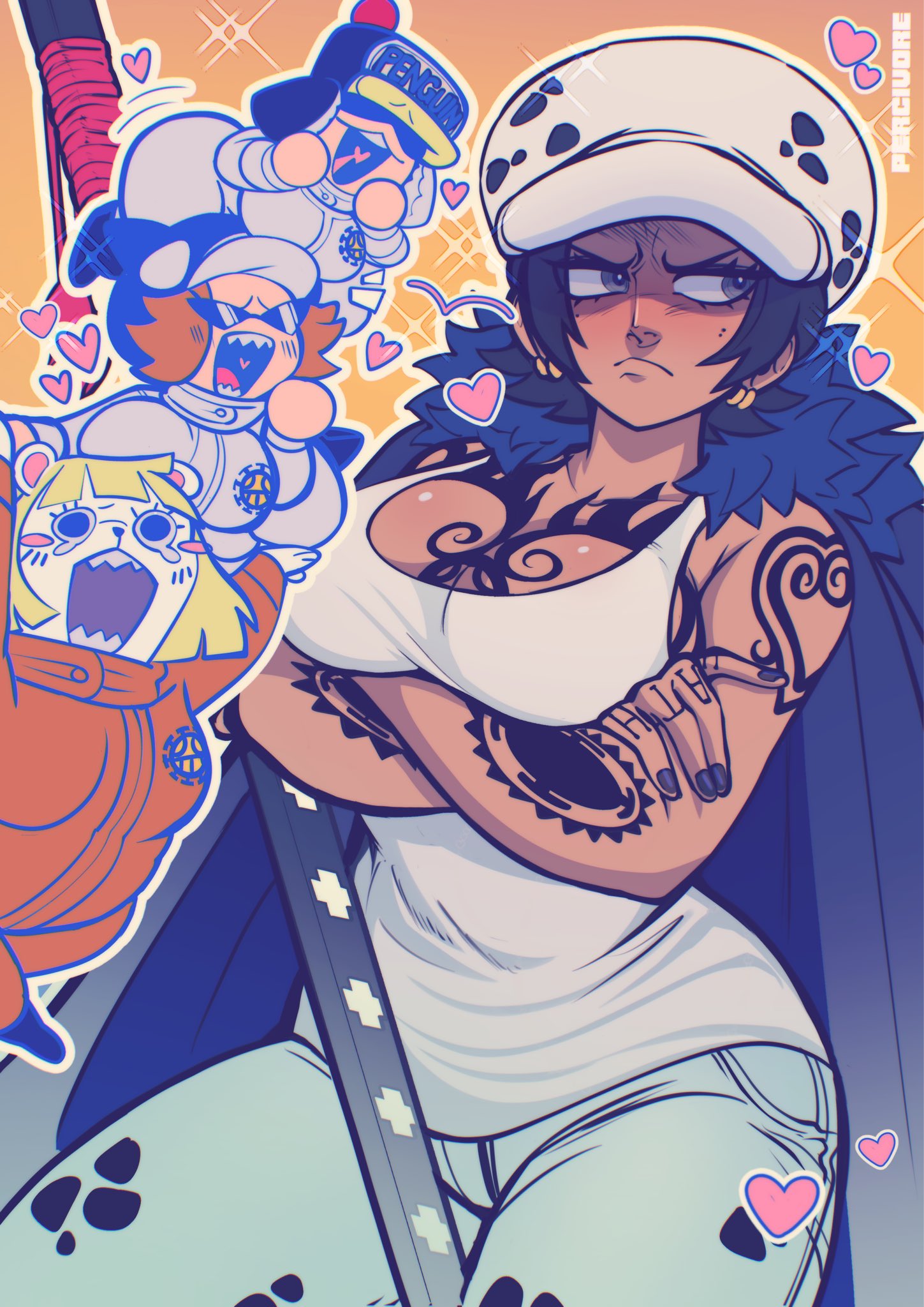 4girls, bepo, big breasts, black eyes, black hair, breasts, canon genderswap, colorful, earrings, female, female only, genderswap (mtf), gray eyes, hat, heart, huge breasts, huge thighs, one piece, penguin (one piece), rule 63, shachi (one piece), short hair, tattoos, text, thighs, trafalgar law, trafalgar law (female), yellow background