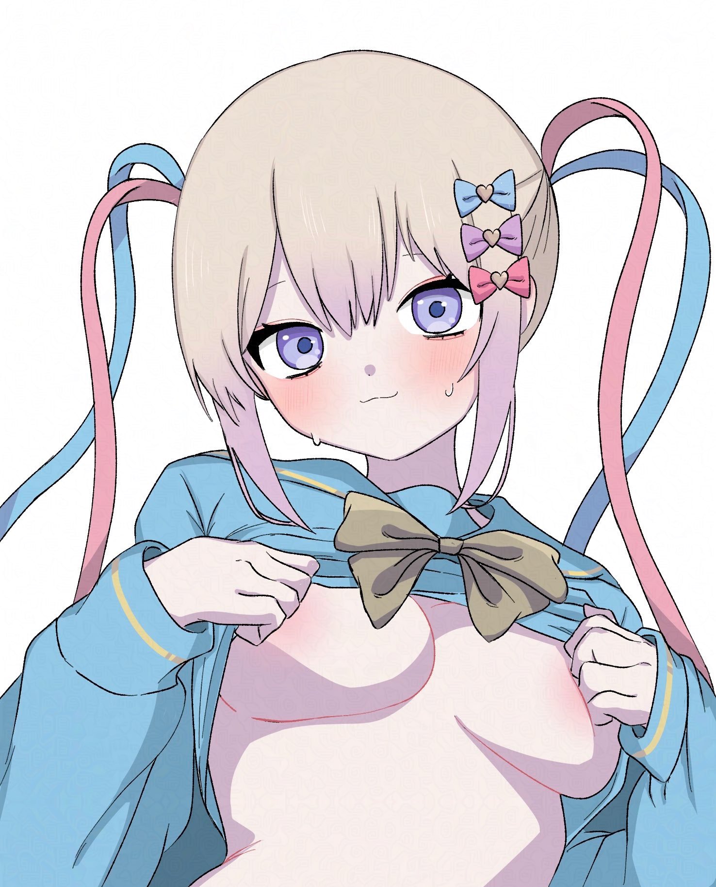 areola slip, blonde hair, blue hair, blush, bow, breasts, chouzetsusaikawa tenshi-chan, clothes lift, female, hair between eyes, hair ribbon, hairbow, highres, inami (x spidekawaii x), large breasts, looking at viewer, multicolored hair, multiple hair bows, needy girl overdose, purple eyes, ribbon, sailor collar, shirt lift, simple background, solo, sweat, upper body, white background