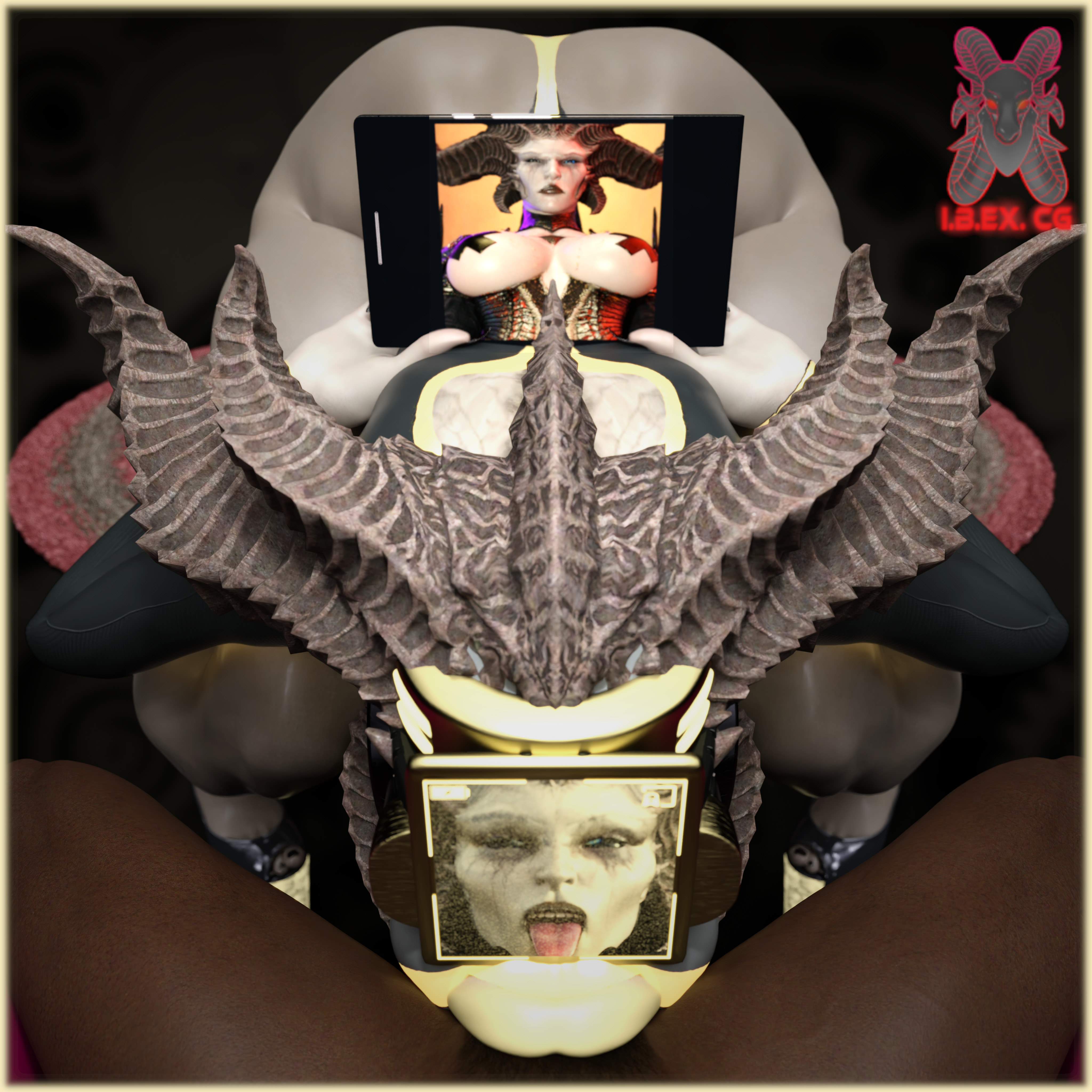 :>=, ass, big ass, big breasts, blowbot (ibex), blowjob, blowjob face, body modification, bodysuit, breasts, corruption, diablo, drone, dronification, fellatio, fellatio gesture, female, high heels, ibex (company), ibex-cg, lilith (diablo), mind break, mind control, transformation