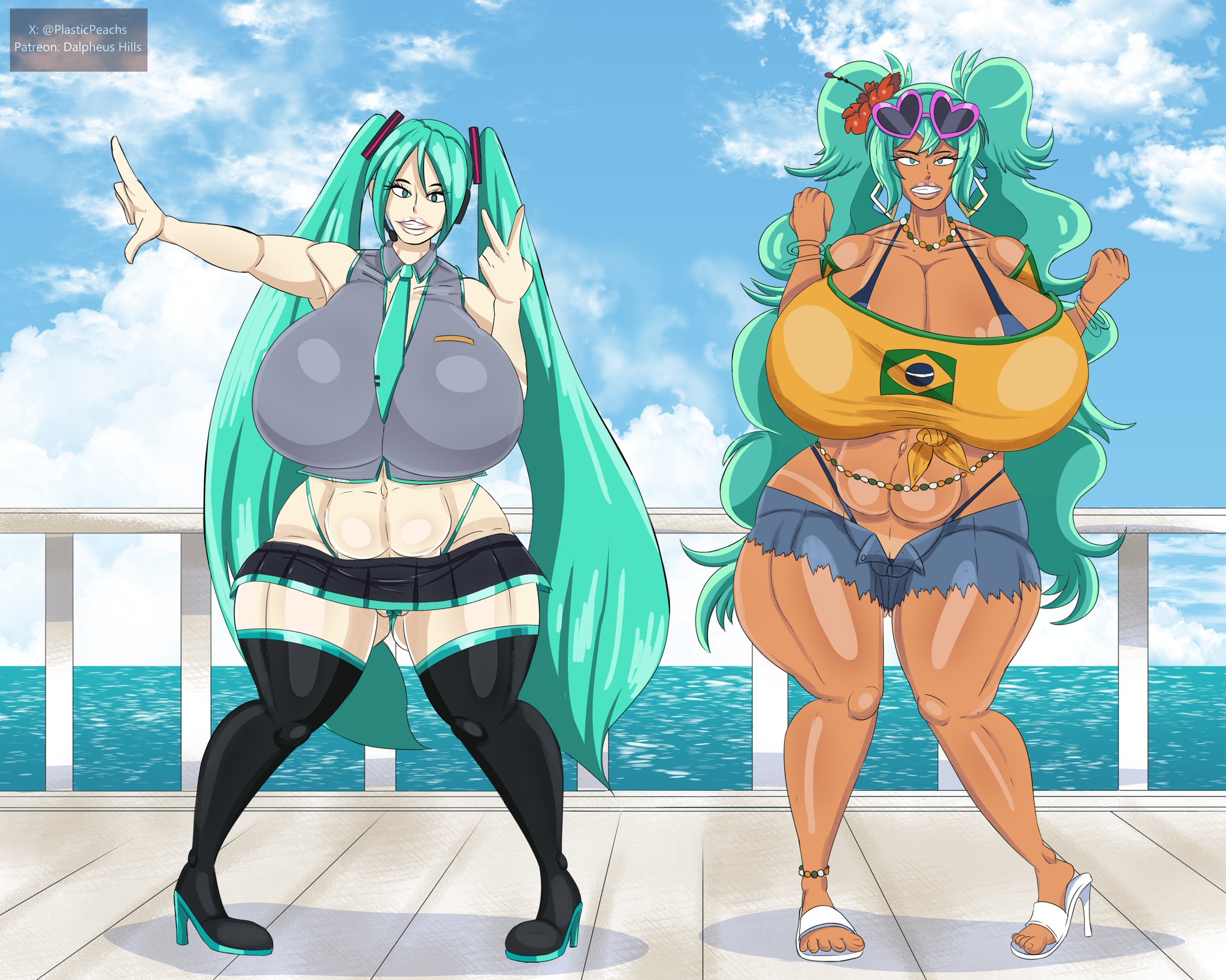 2girls, abs, alternate breast size, aqua eyes, aqua hair, ass, ass visible through thighs, big ass, big breasts, boots, brazilian miku, breasts, cleavage, cloud, crossover, dalpheushills, dark skin, dark-skinned female, denim, earrings, eyewear on head, female, flower, gigantic breasts, green hair, grin, gyaru, hair flower, hair ornament, hatsune miku, heart, heart-shaped eyewear, high heels, huge breasts, jewelry, long hair, microskirt, multiple girls, navel, necklace, necktie, ocean, panties, peace sign, plump lips, shirt, shorts, skirt, sky, smile, sunglasses, tan, tan body, tan markings, tan skin, tanlines, tanned, tanned body, tanned female, tanned skin, thick lips, thick thighs, thigh boots, thighhighs, thighs, thong, twintails, underwear, very long hair, vocaloid